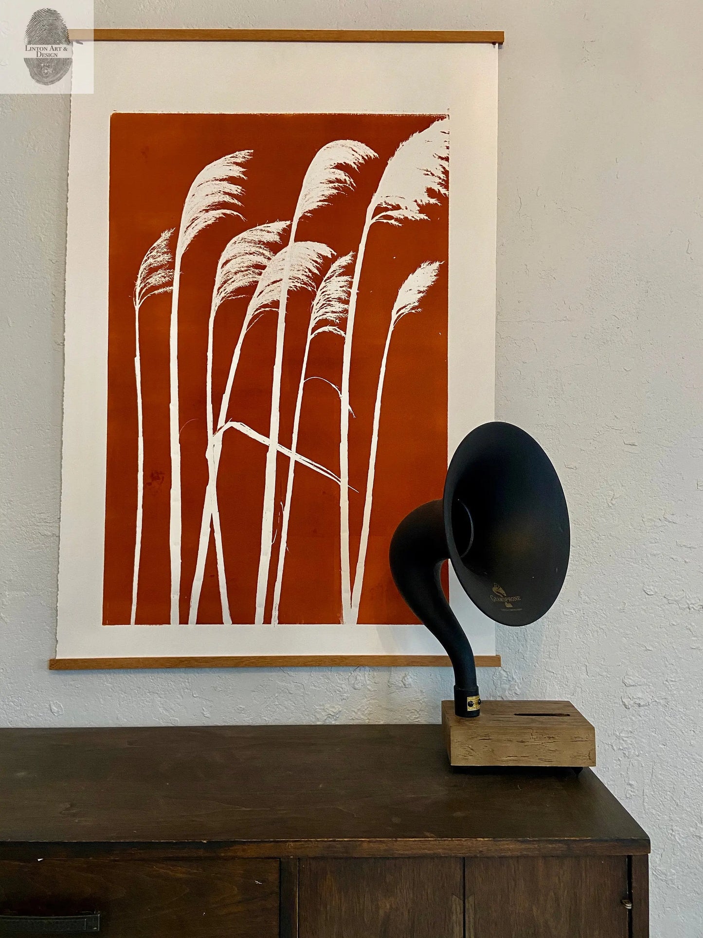 Pampas Grass Hand Pressed Botanical Monoprint on Burnt Umber - giclee print lintonart