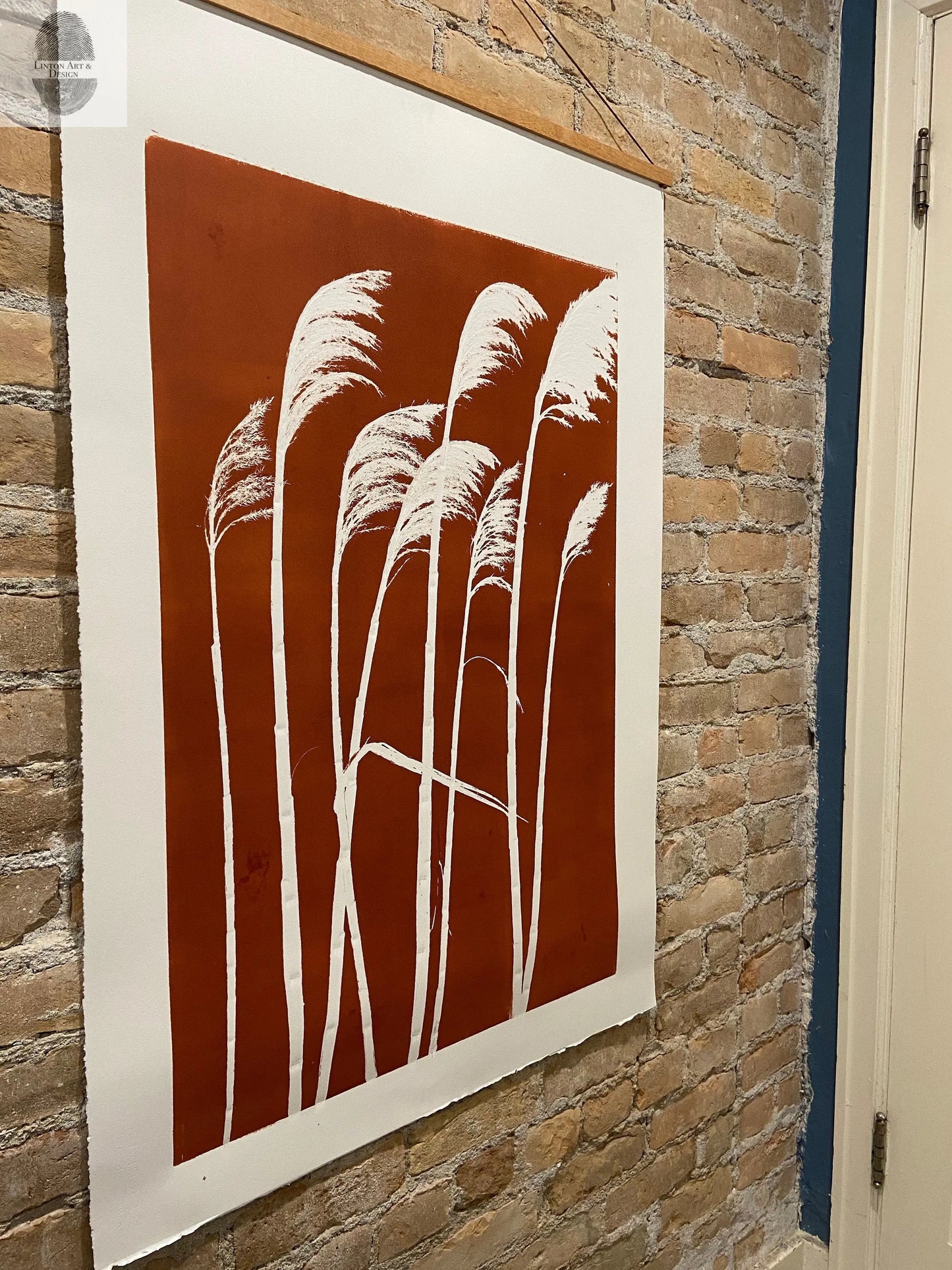 Pampas Grass Hand Pressed Botanical Monoprint on Burnt Umber - giclee print lintonart