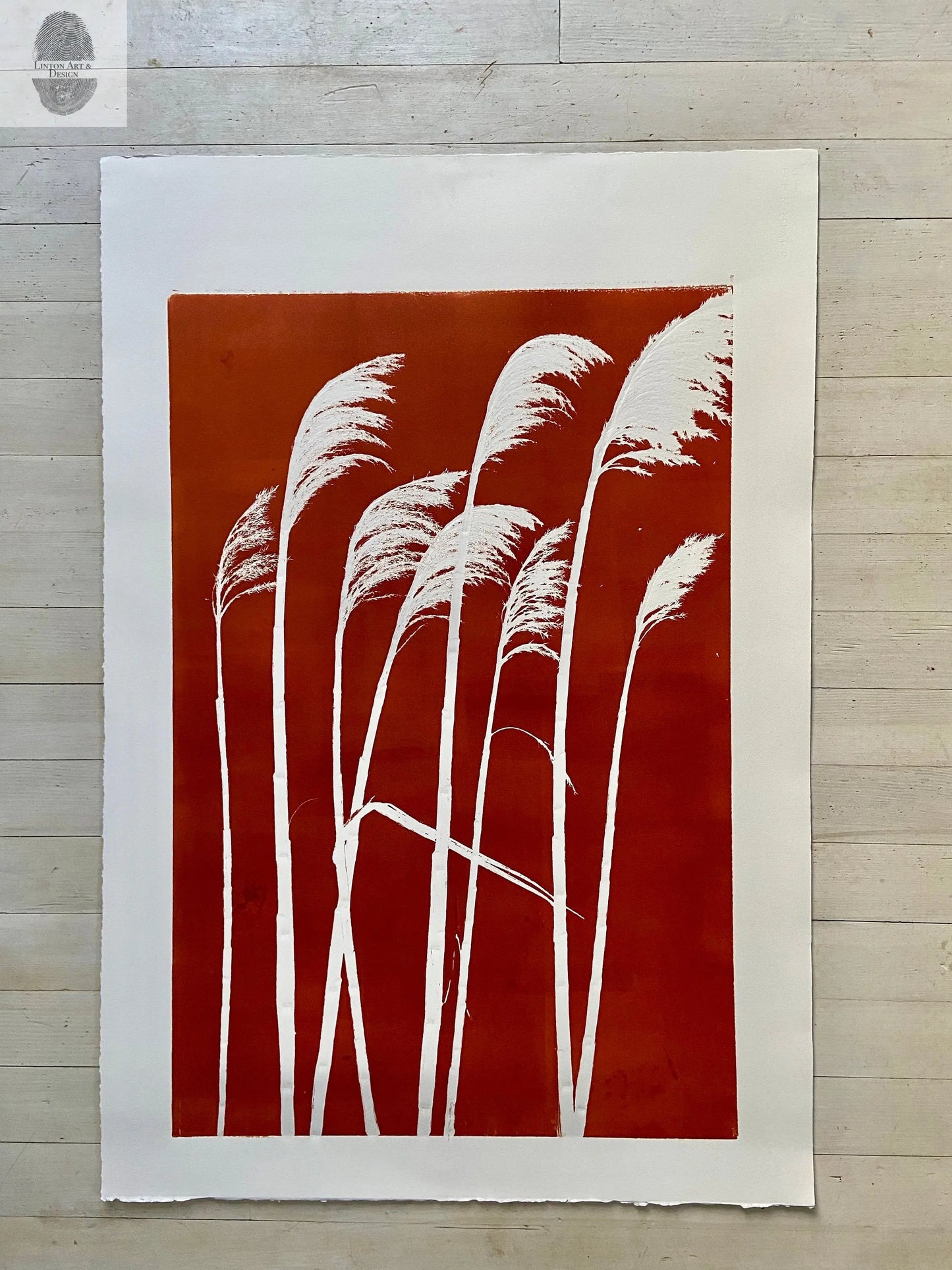 Pampas Grass Hand Pressed Botanical Monoprint on Burnt Umber - giclee print lintonart