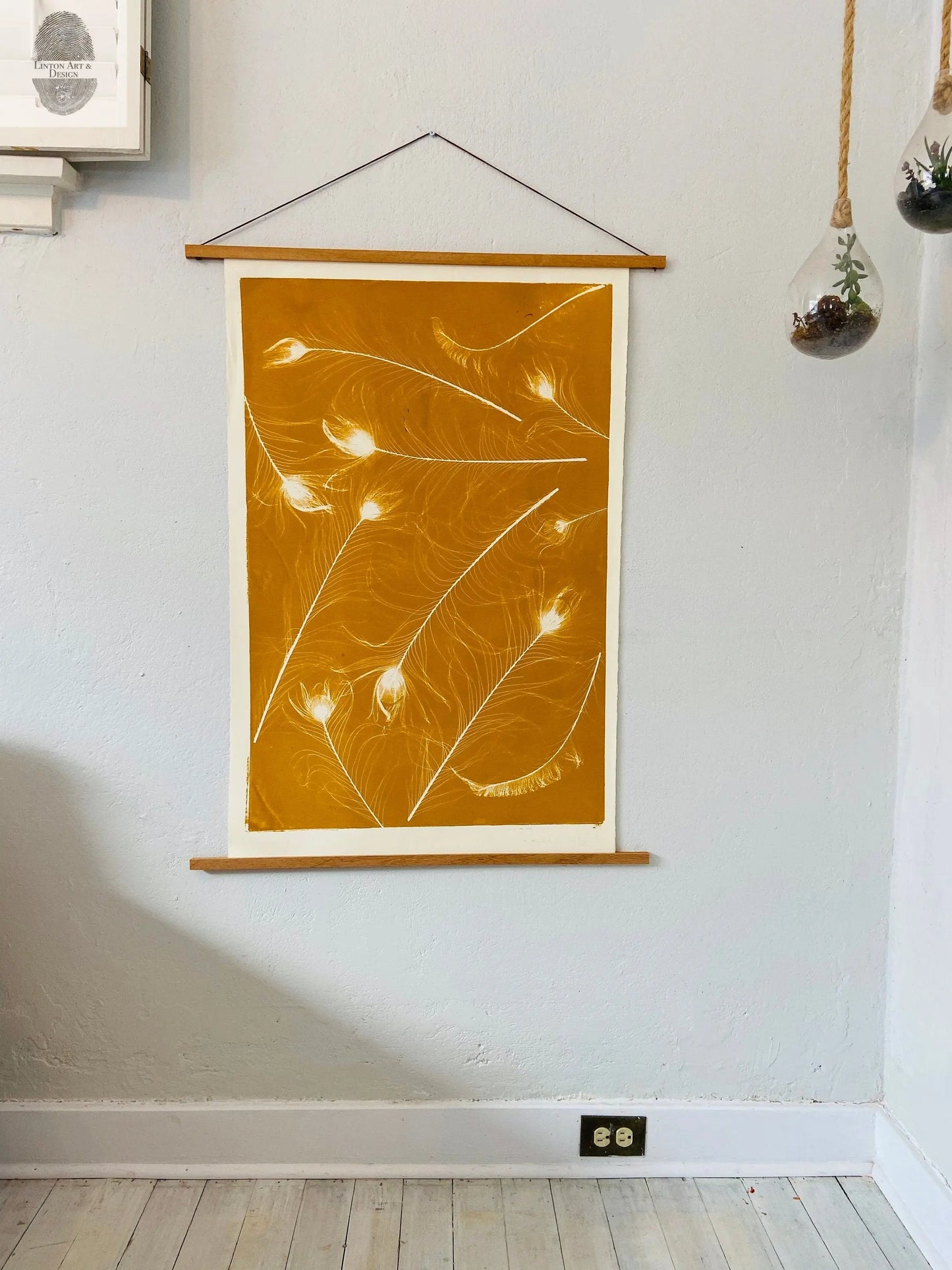 Peacock Feather Collage Monoprint in Yellow Gold - giclee print lintonart