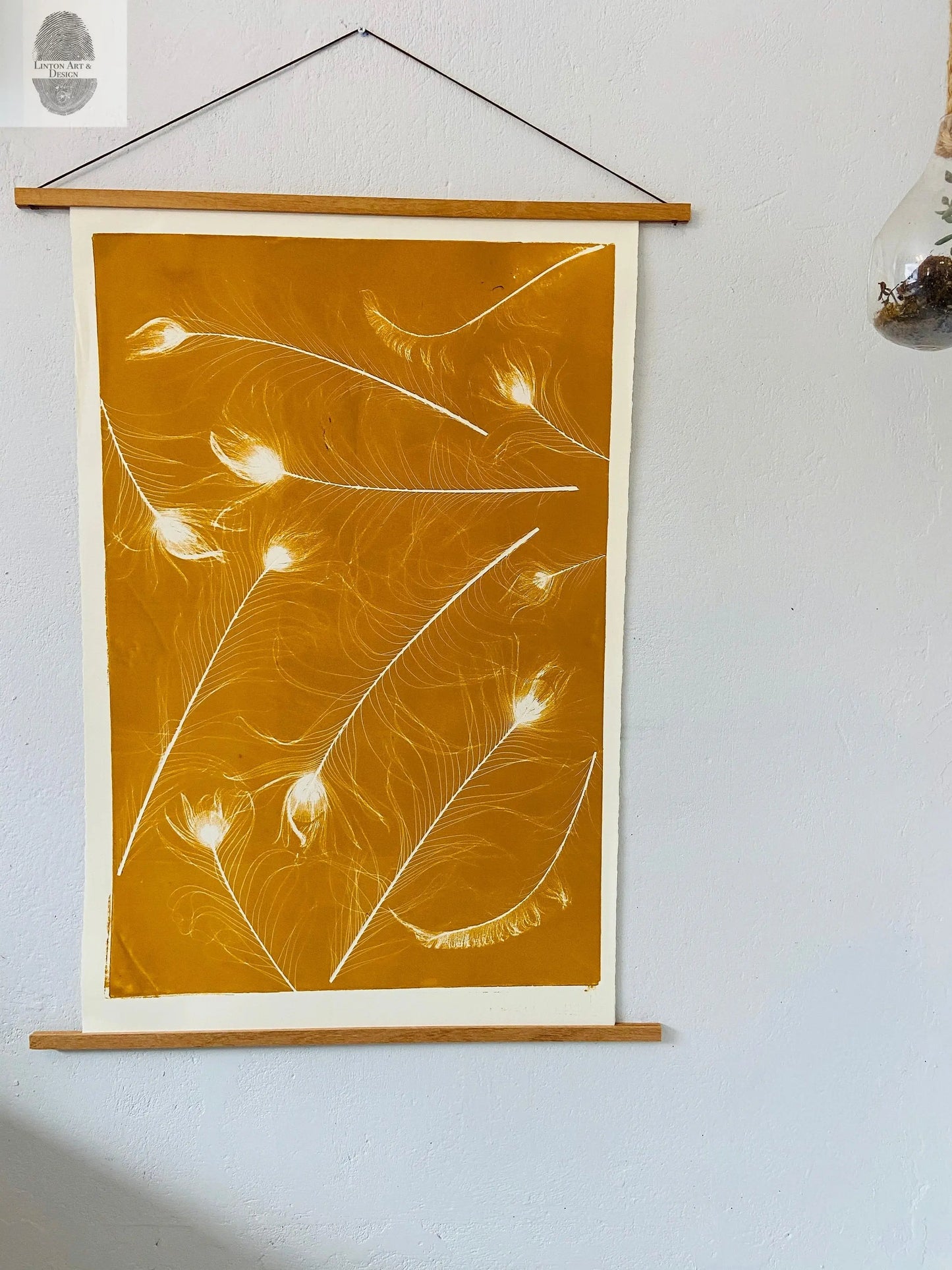 Peacock Feather Collage Monoprint in Yellow Gold - giclee print lintonart