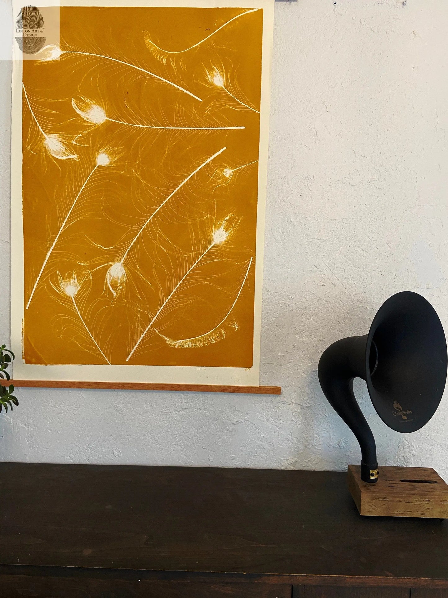Peacock Feather Collage Monoprint in Yellow Gold - giclee print lintonart