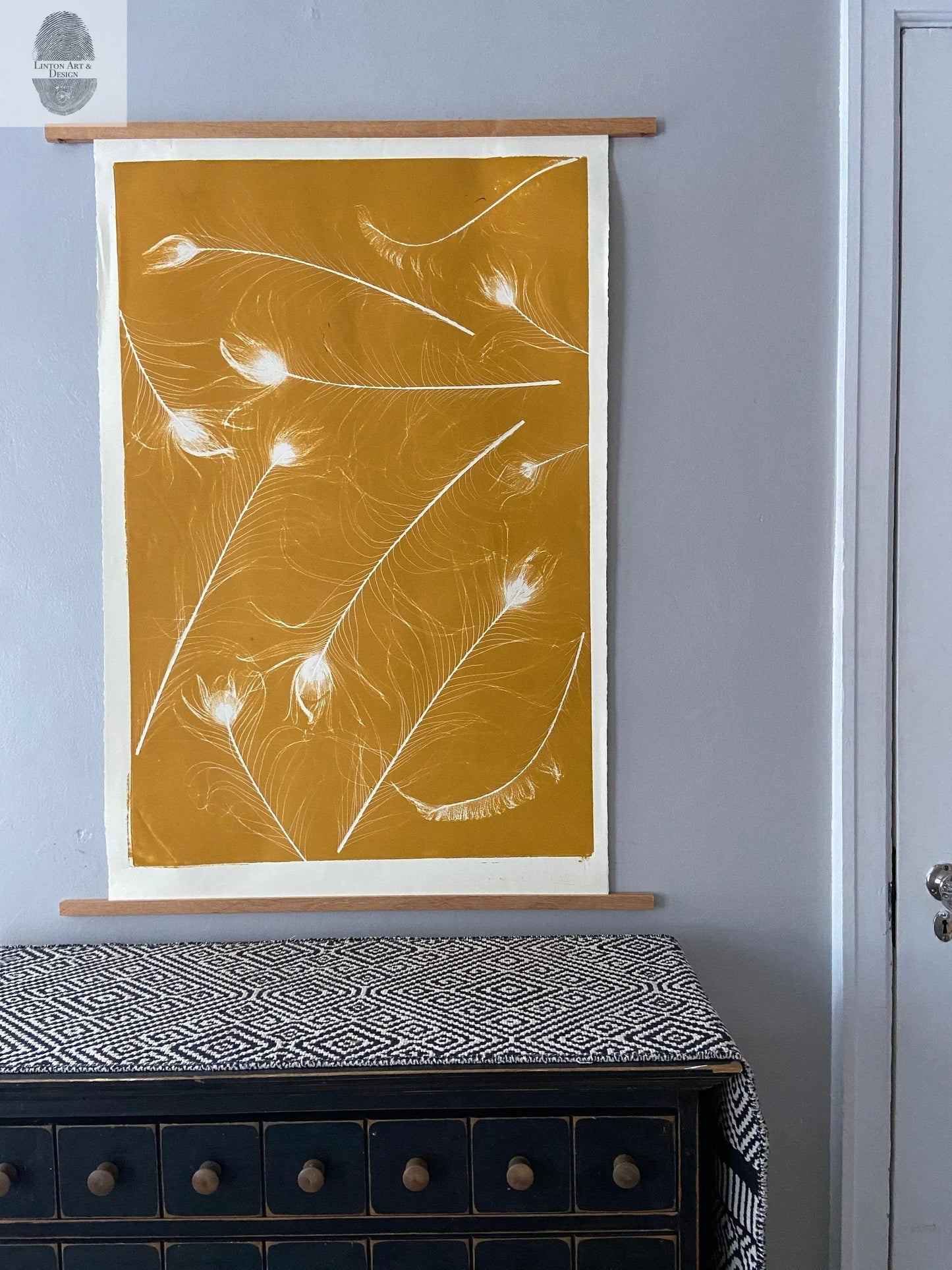 Peacock Feather Collage Monoprint in Yellow Gold - giclee print lintonart