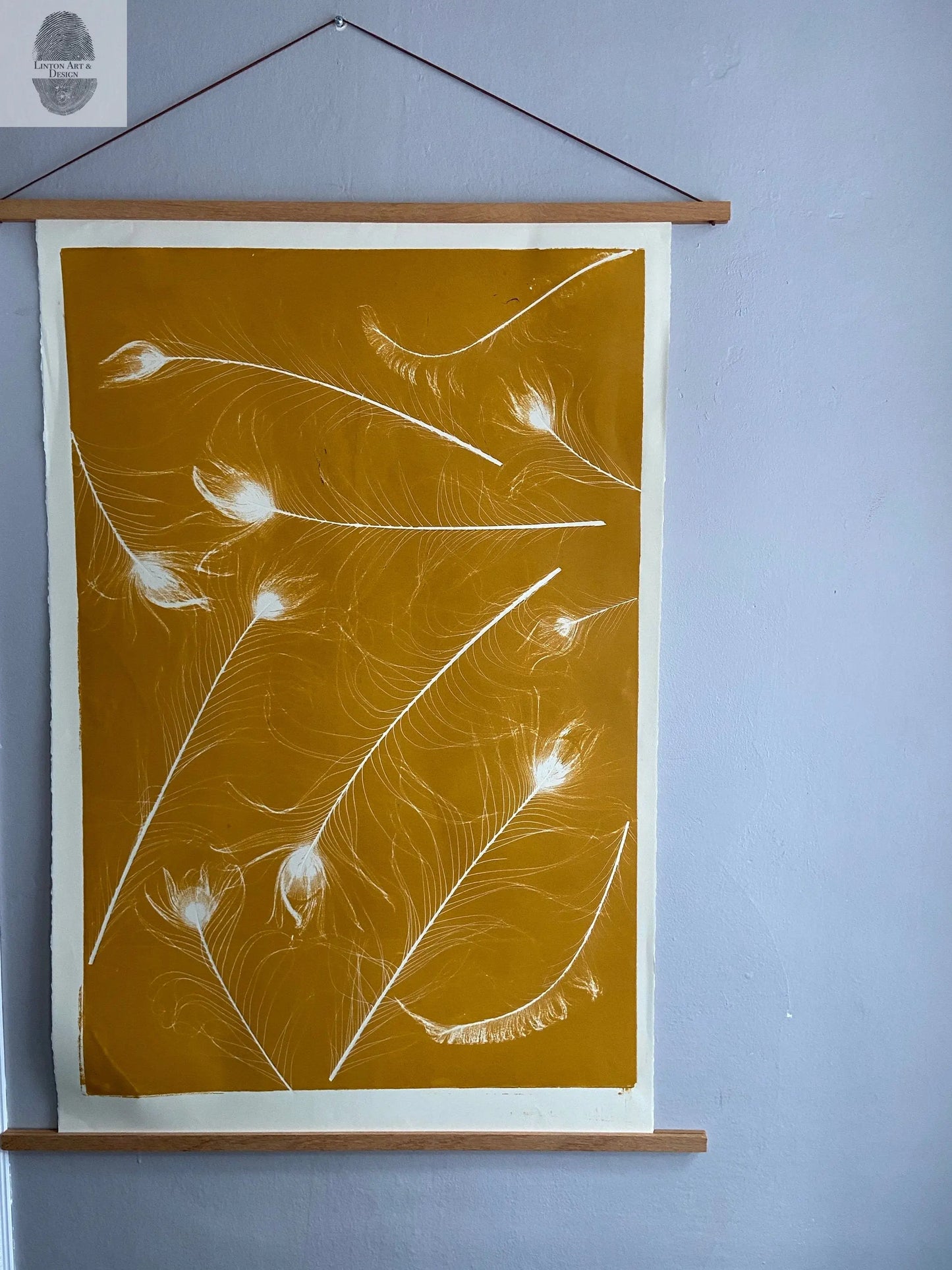 Peacock Feather Collage Monoprint in Yellow Gold - giclee print lintonart