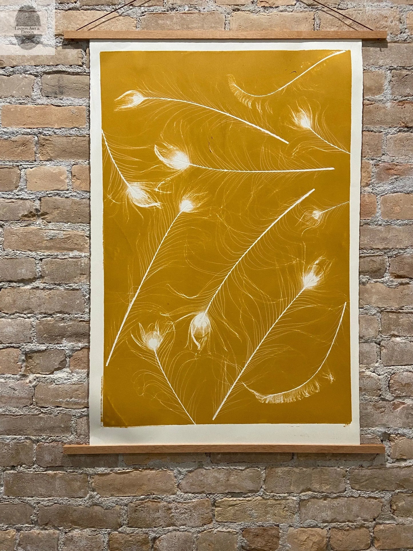 Peacock Feather Collage Monoprint in Yellow Gold - giclee print lintonart