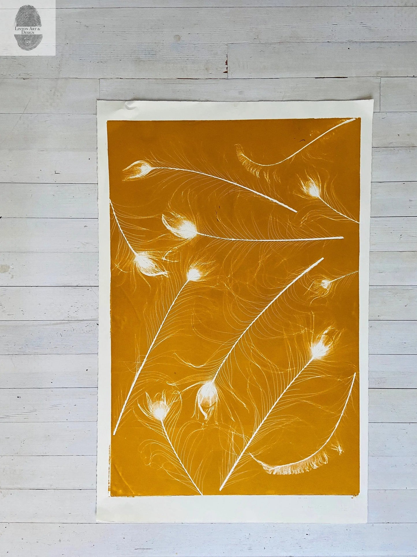 Peacock Feather Collage Monoprint in Yellow Gold - giclee print lintonart