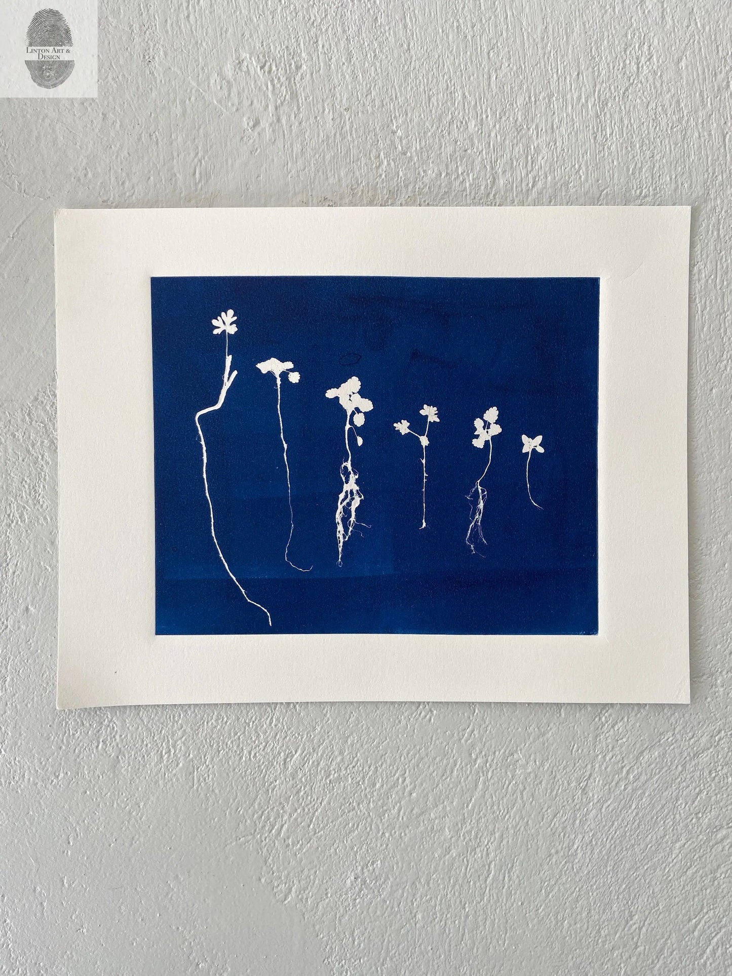 Sapplings and Roots Hand Pressed Botanical Monoprint on Blue - 11x14 giclee print lintonart