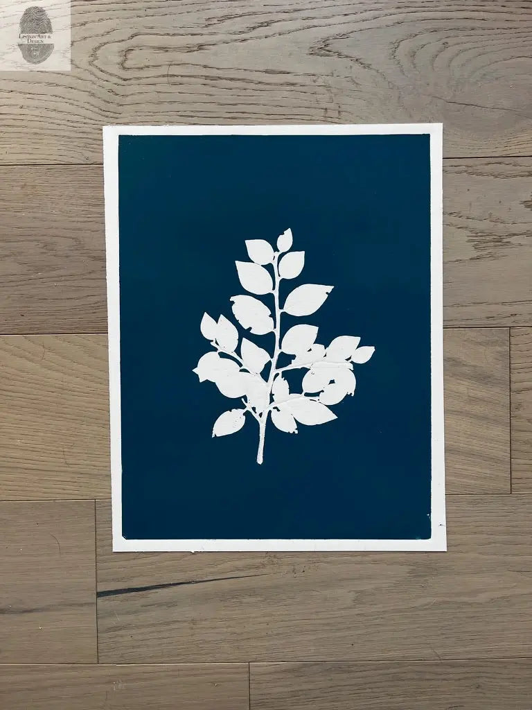 Southwest Tree Branch Hand Pressed Botanical Monoprint on Blue - Original Print 15x19 inches lintonart