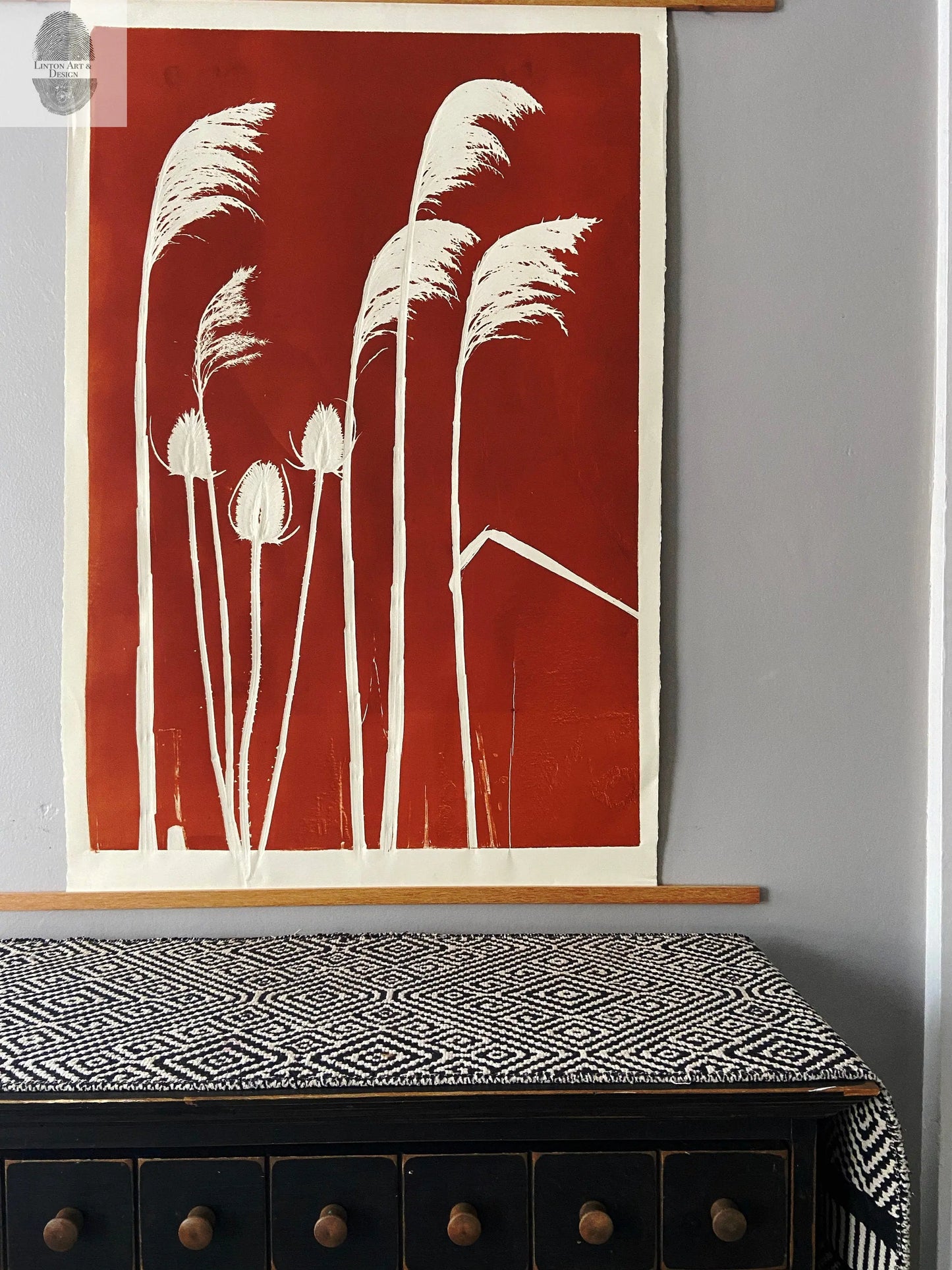 Thistle and Pampas Grass Hand Pressed Monoprint - Giclee Print lintonart