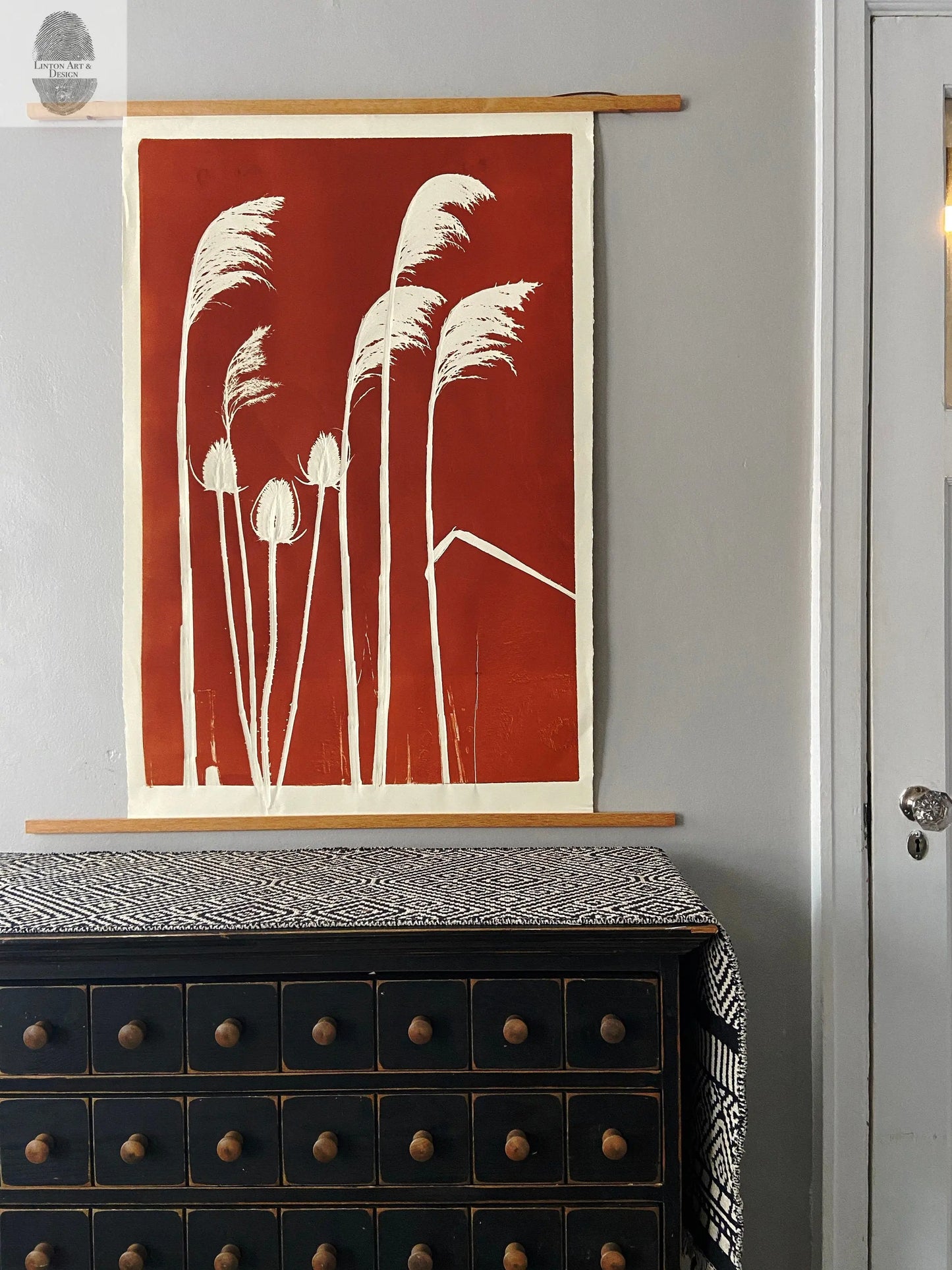 Thistle and Pampas Grass Hand Pressed Monoprint - Giclee Print lintonart