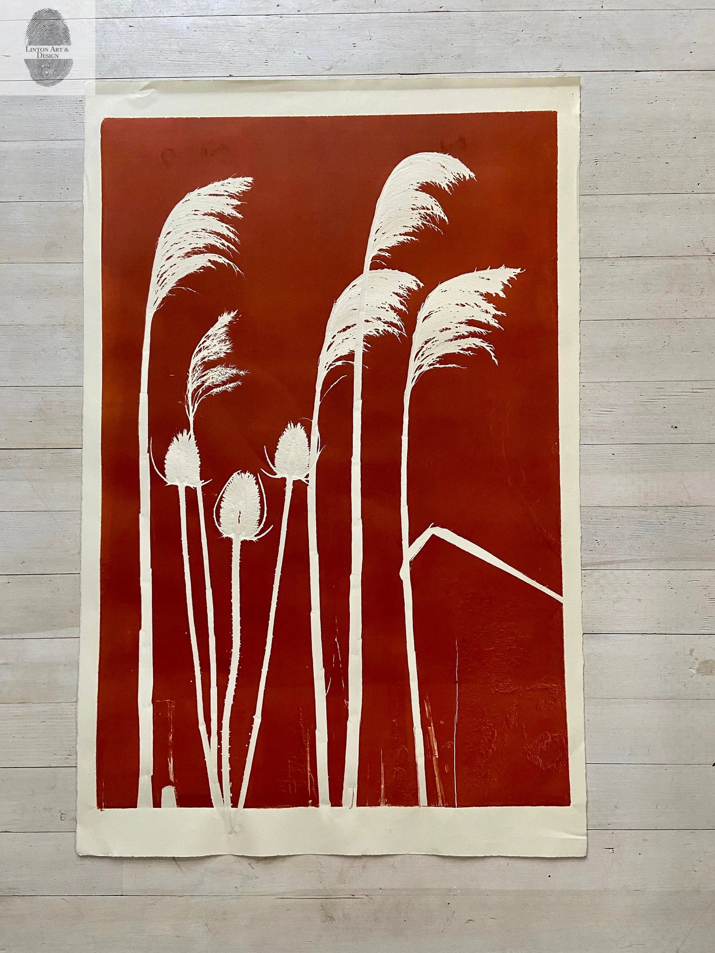 Thistle and Pampas Grass Hand Pressed Monoprint - Giclee Print lintonart
