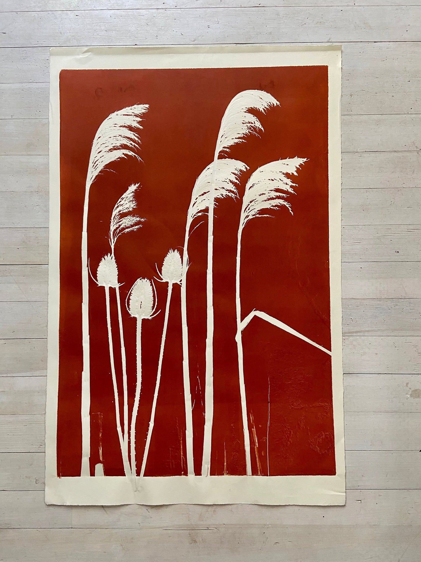 Thistle and Pampas Grass Hand Pressed Monoprint - giclee print
