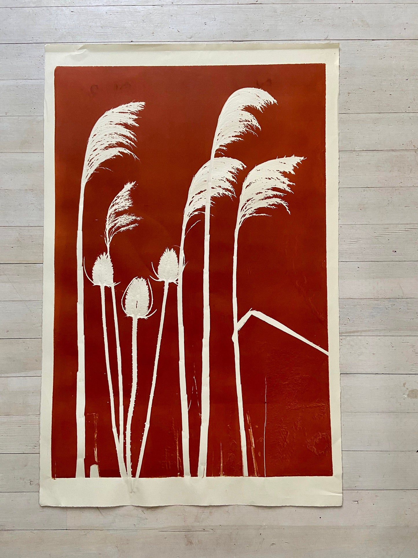 Thistle and Pampas Grass Hand Pressed Monoprint - giclee print