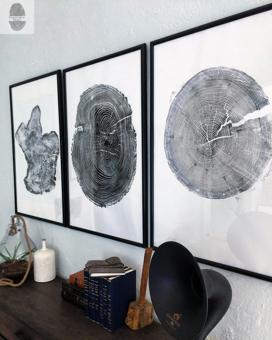 Tree rings Print, Three Panel Wall Art, Woodcut print, Lumber, Tree of Life, Sacred Geometry, Live Edge, Shabby Tree, Each 24x36 inches lintonart