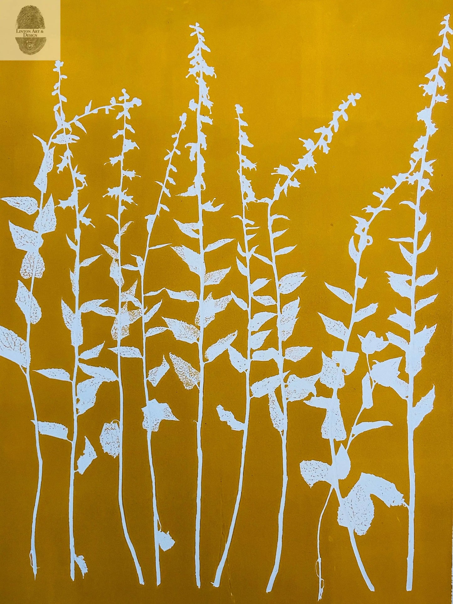 Wild Flowers Hand Pressed Botanical Monoprint on Yellow Gold - giclee print lintonart