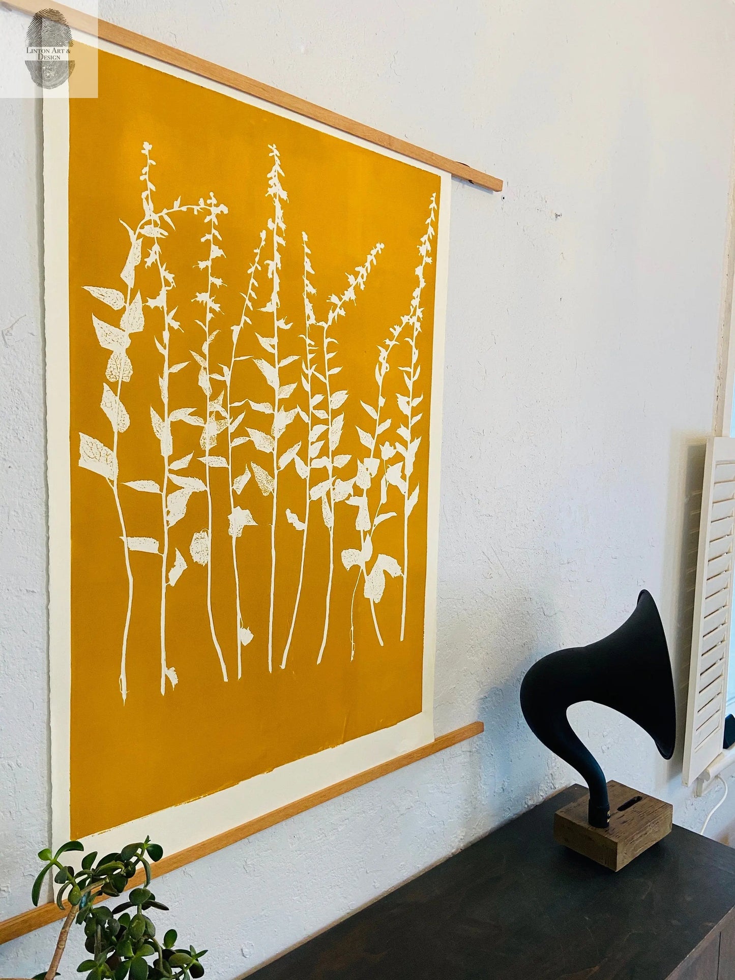 Wild Flowers Hand Pressed Botanical Monoprint on Yellow Gold - giclee print lintonart