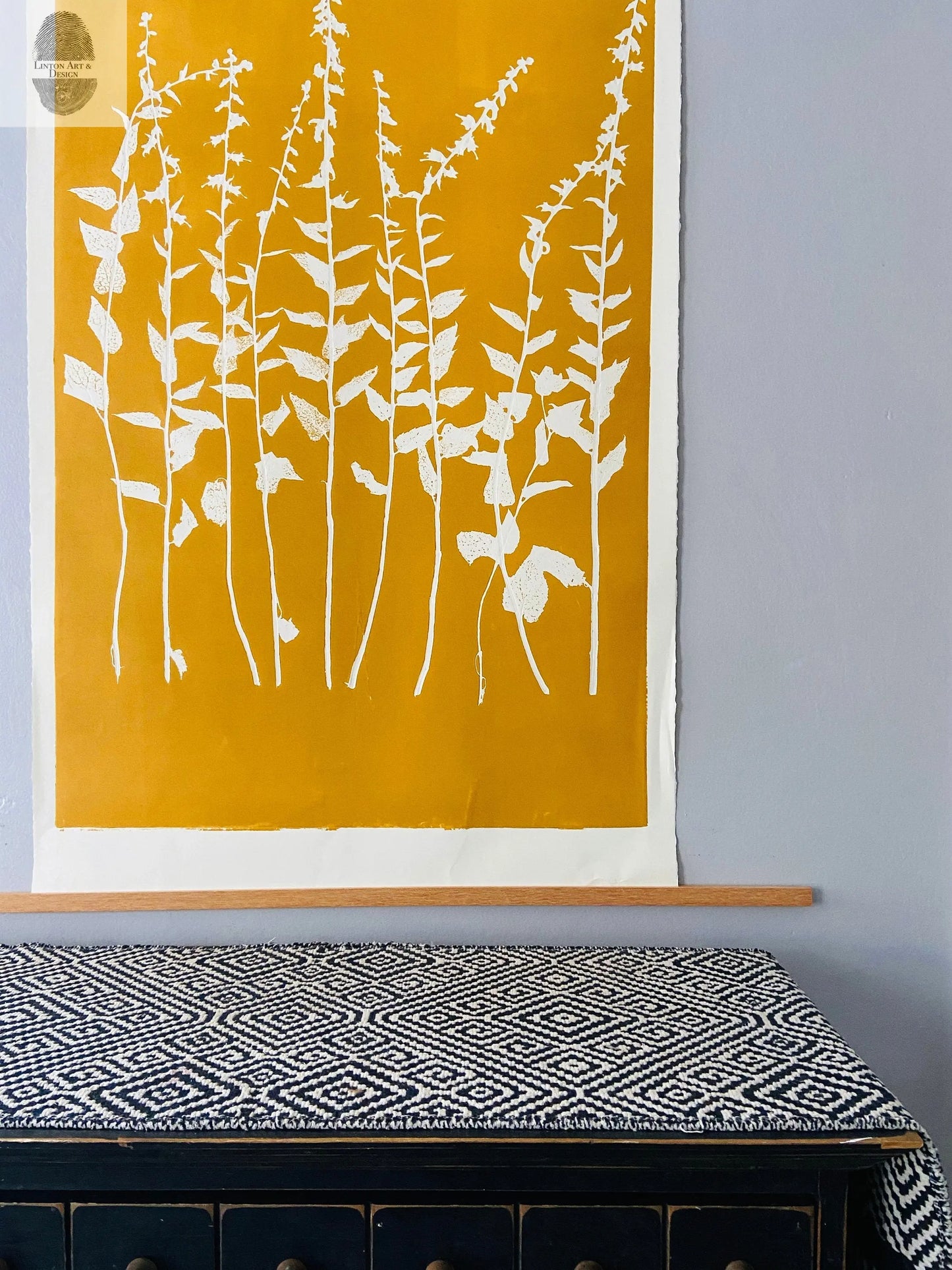 Wild Flowers Hand Pressed Botanical Monoprint on Yellow Gold - giclee print lintonart