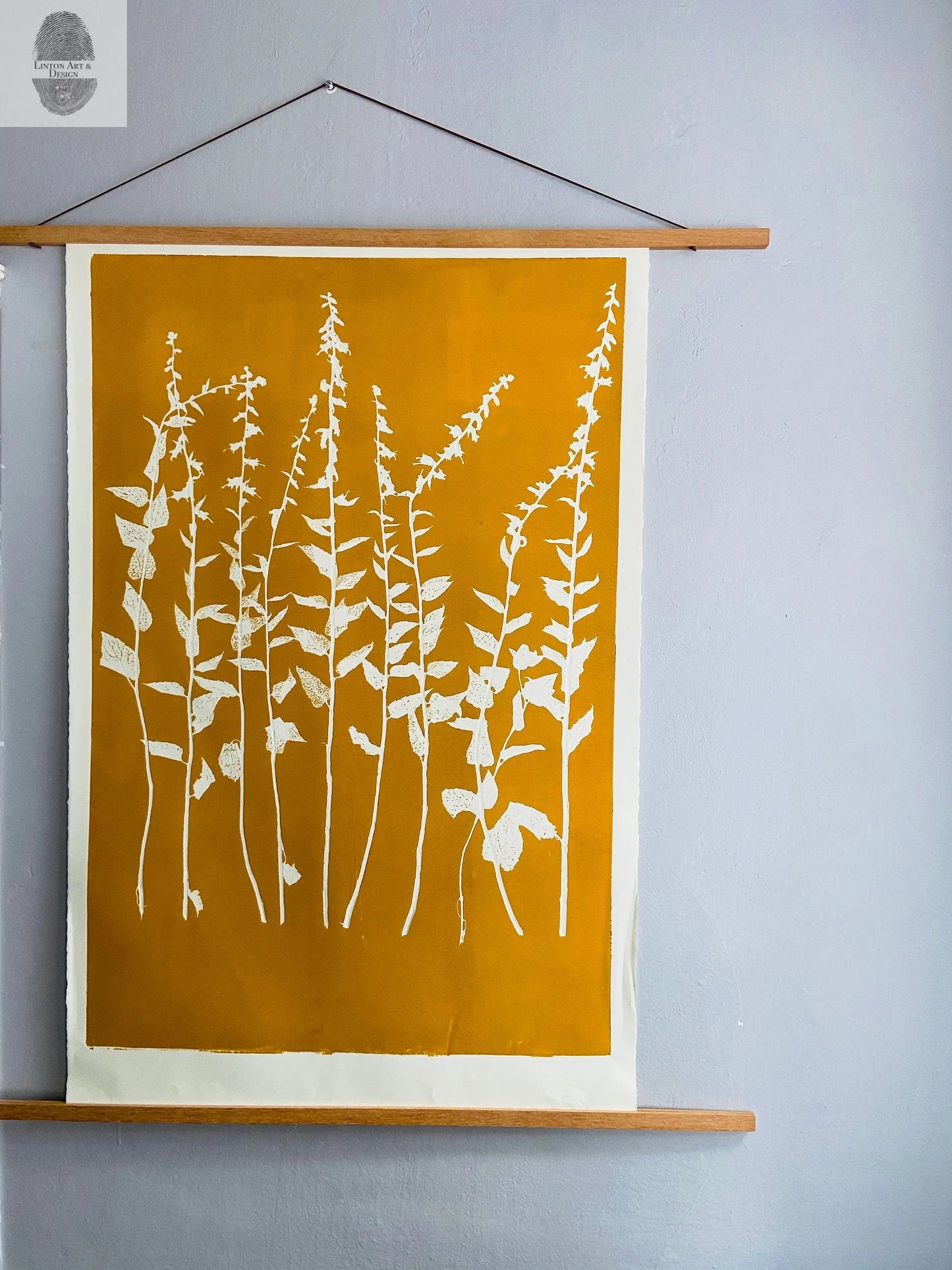 Wild Flowers Hand Pressed Botanical Monoprint on Yellow Gold - giclee print lintonart
