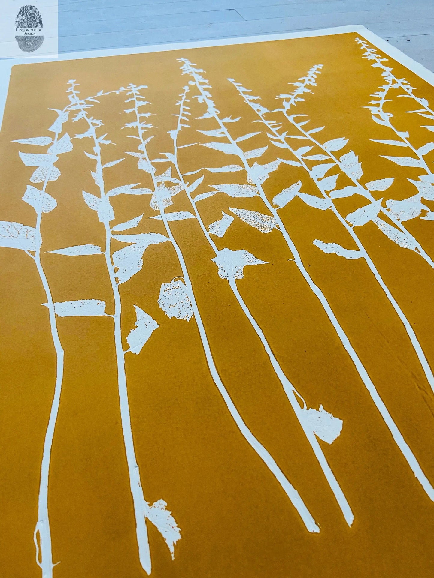 Wild Flowers Hand Pressed Botanical Monoprint on Yellow Gold - giclee print lintonart