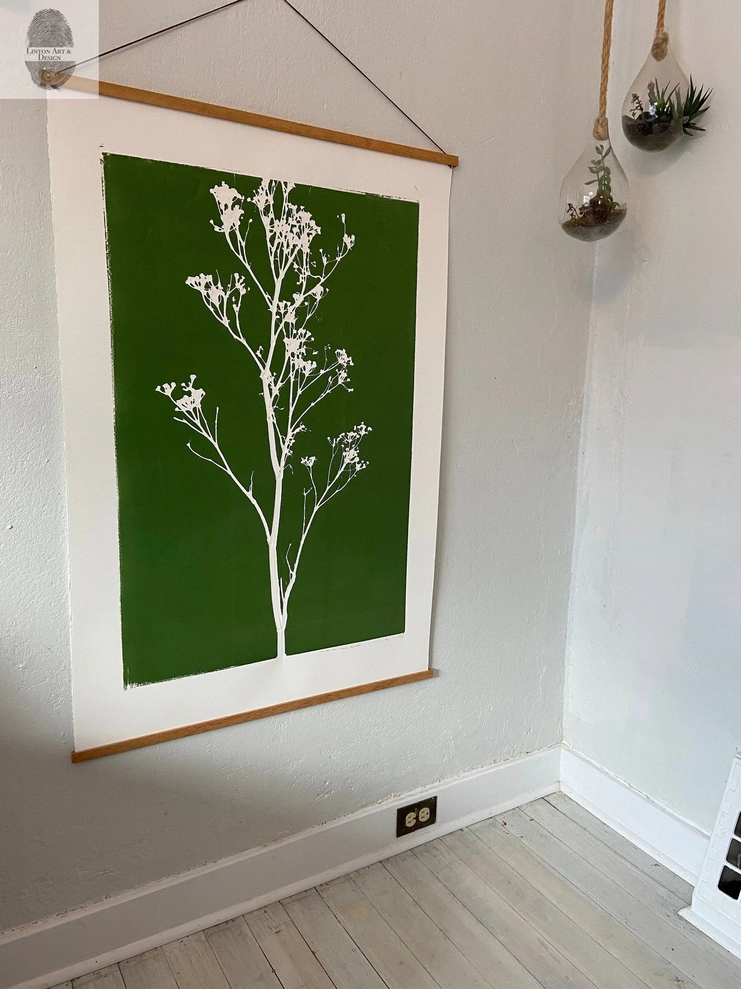 Wild Weeds Hand Pressed Monoprint on Green - giclee print lintonart