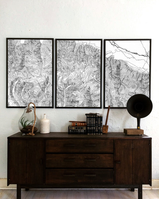 Grand Teton Map, Topo Map, National Park Map, Grand Teton Art, Wyoming Art, Set of 3, triptych