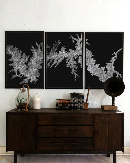 Grand Canyon Map, Hand Drawn Topographical Map, Triptych Map of Grand Canyon, Each Panel is 24x36 inches, White on Black, Fixer Upper