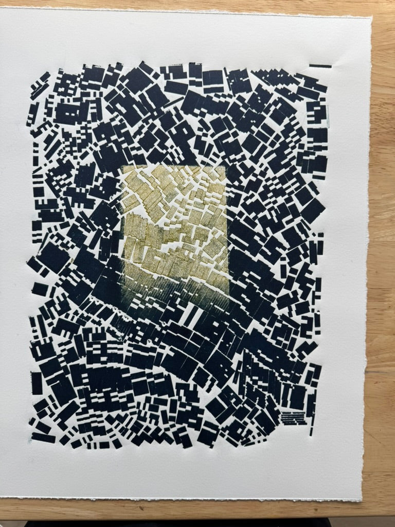 "Pattern Seeking" Abstract Navy Blue Letter Type, Monotype, 14x75x18.75 inches