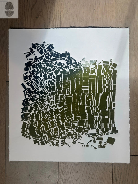 "Breaking Ranks" Abstract Green and Blue Letter Type MonoPrint 16.5x18.25 inches lintonart