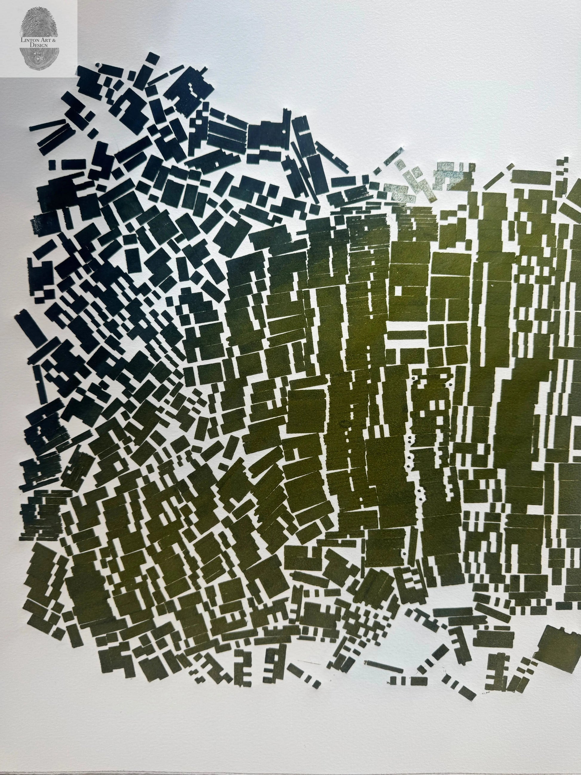 "Breaking Ranks" Abstract Green and Blue Letter Type MonoPrint 16.5x18.25 inches lintonart