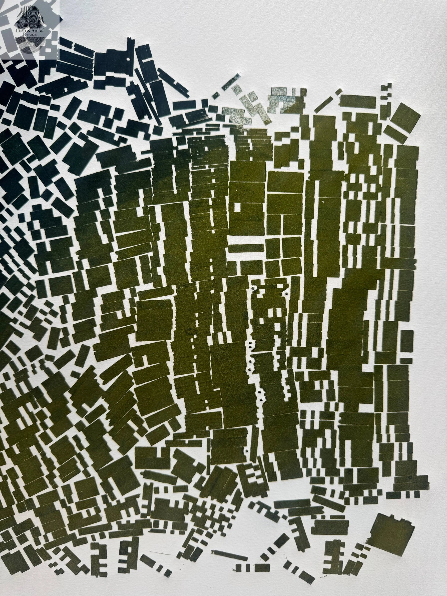 "Breaking Ranks" Abstract Green and Blue Letter Type MonoPrint 16.5x18.25 inches lintonart