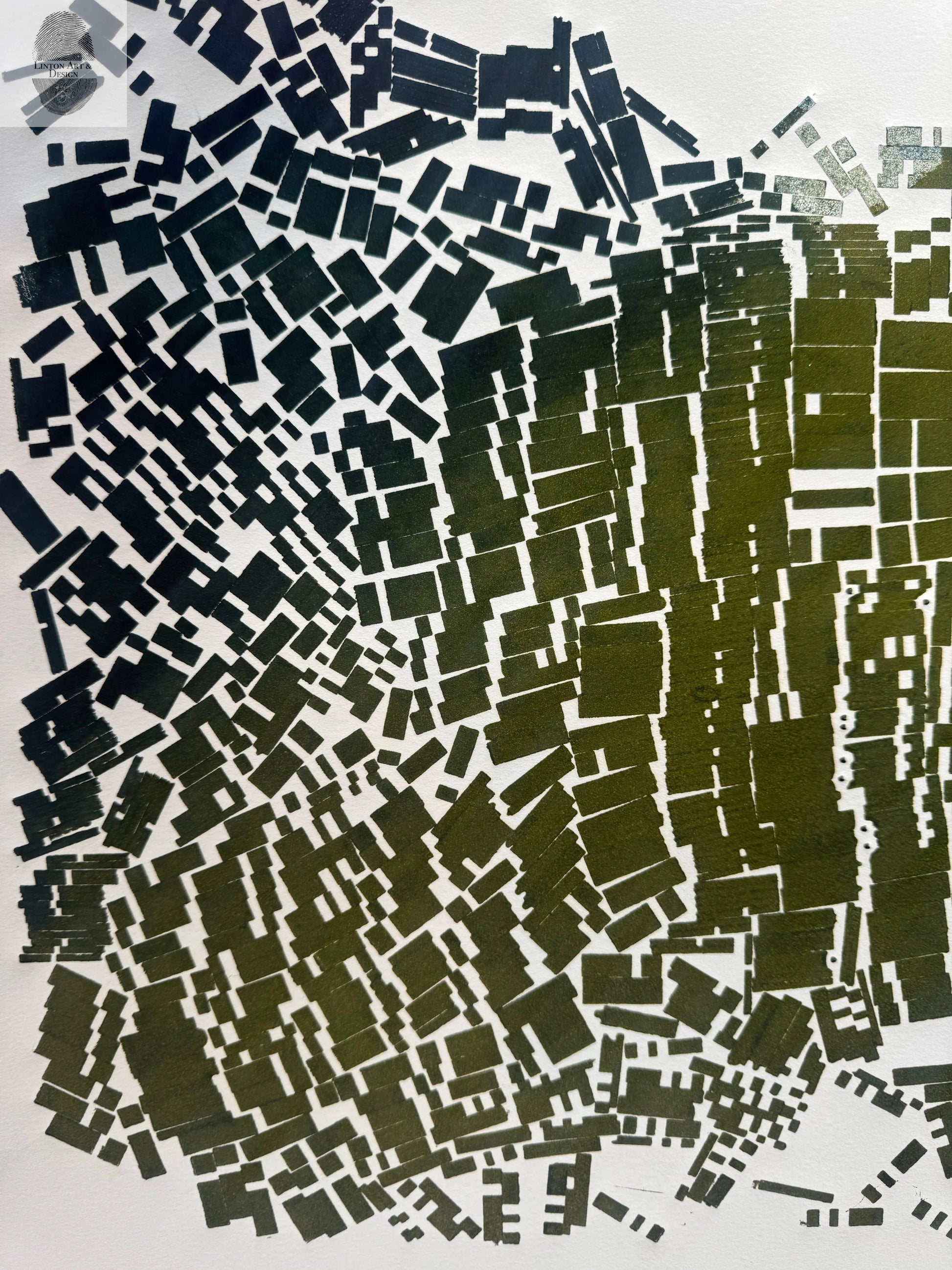 "Breaking Ranks" Abstract Green and Blue Letter Type MonoPrint 16.5x18.25 inches lintonart