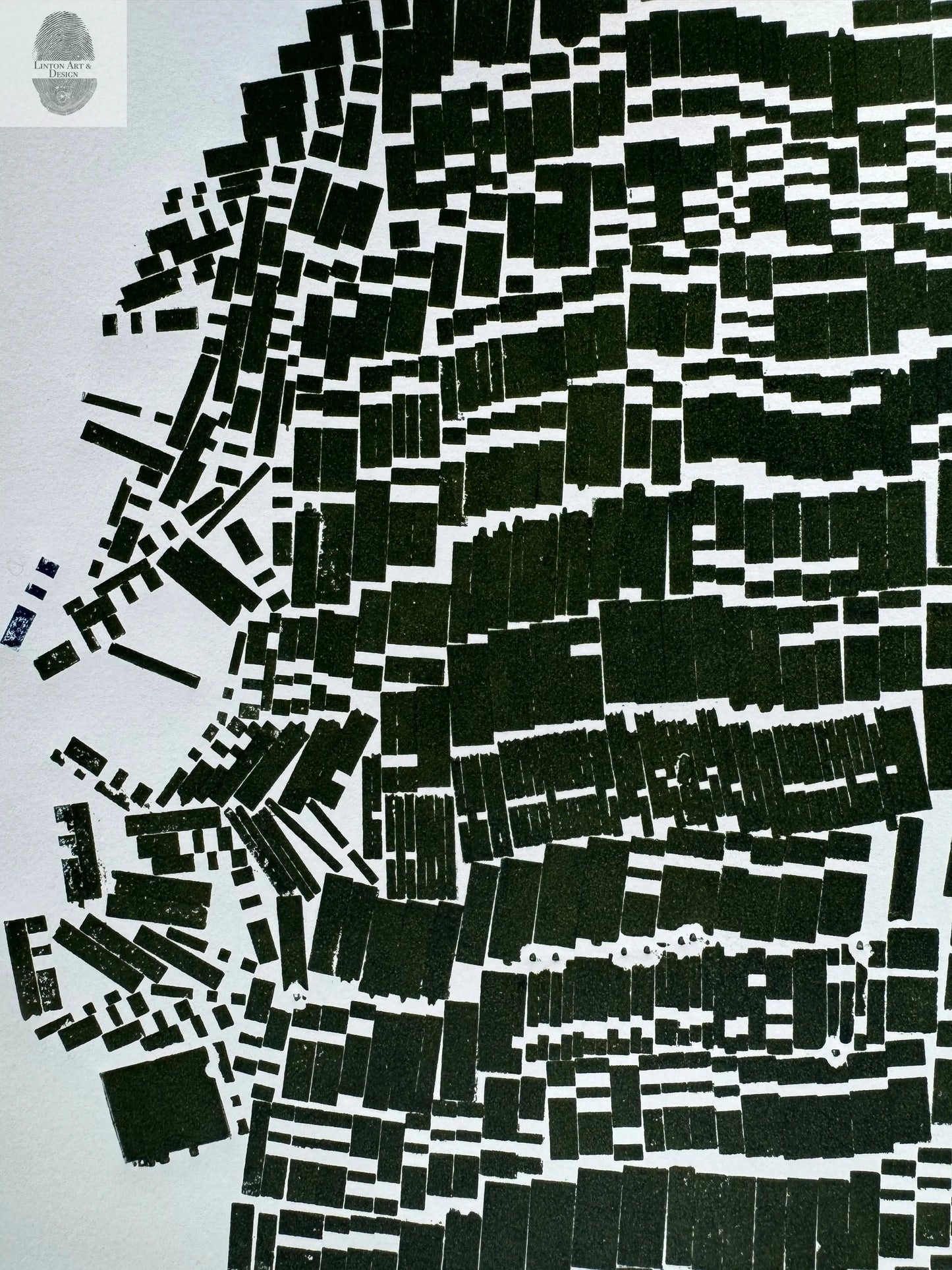 "Corralled" Abstract Green Letter Type MonoPrint 19.5x17 inches lintonart