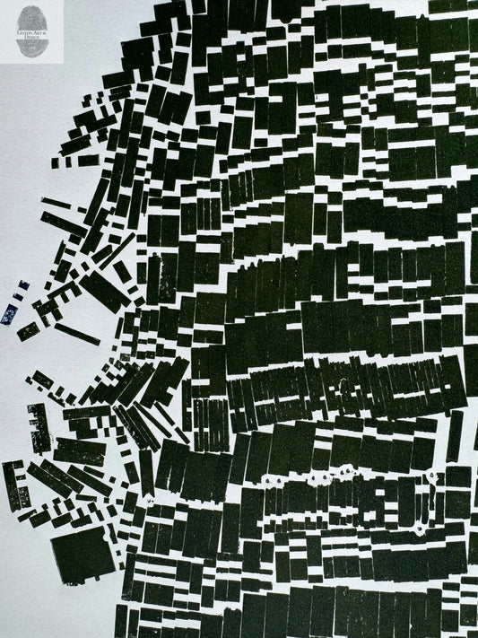 "Corralled" Abstract Green Letter Type MonoPrint 19.5x17 inches lintonart