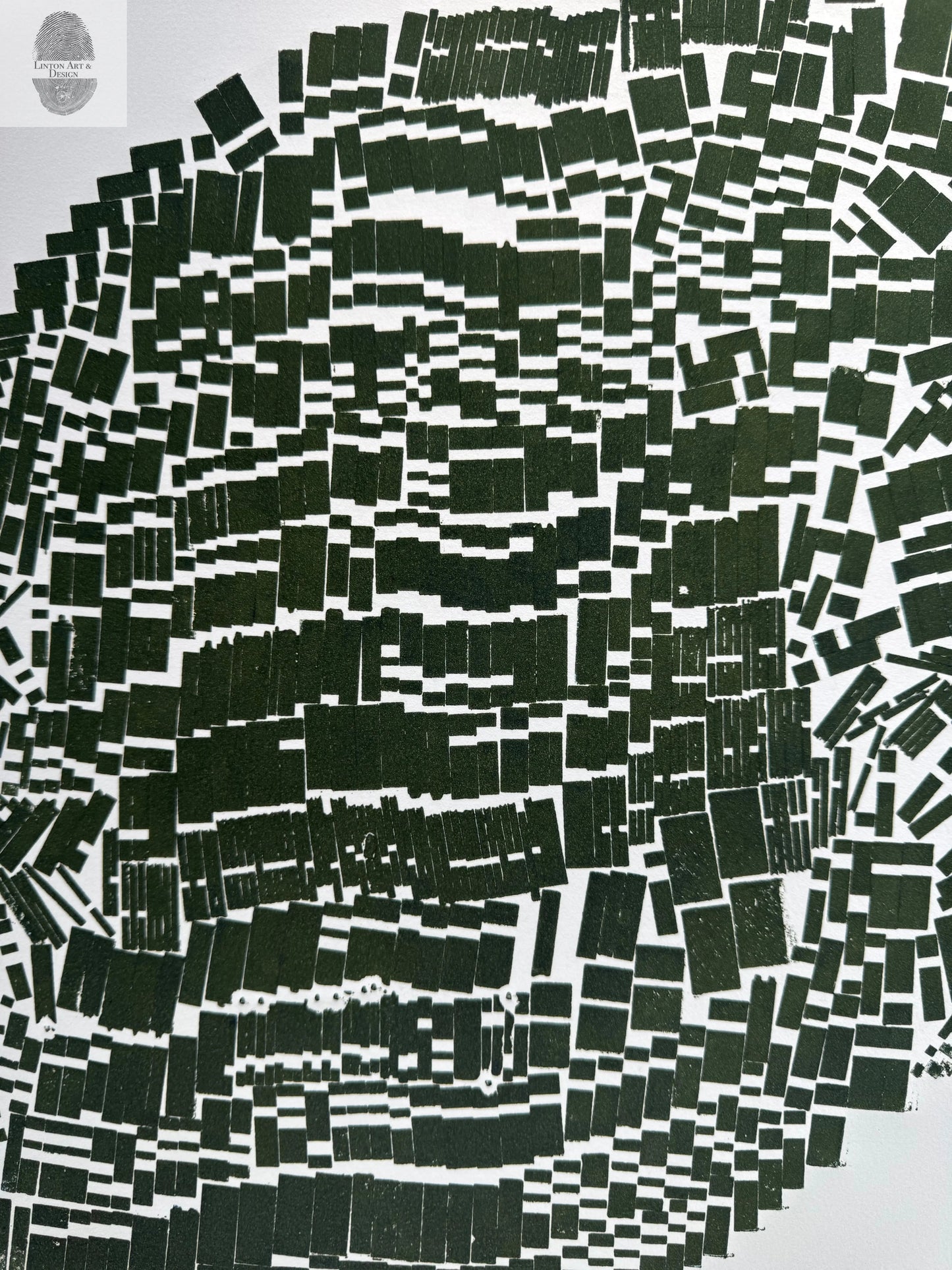 "Corralled" Abstract Green Letter Type MonoPrint 19.5x17 inches lintonart