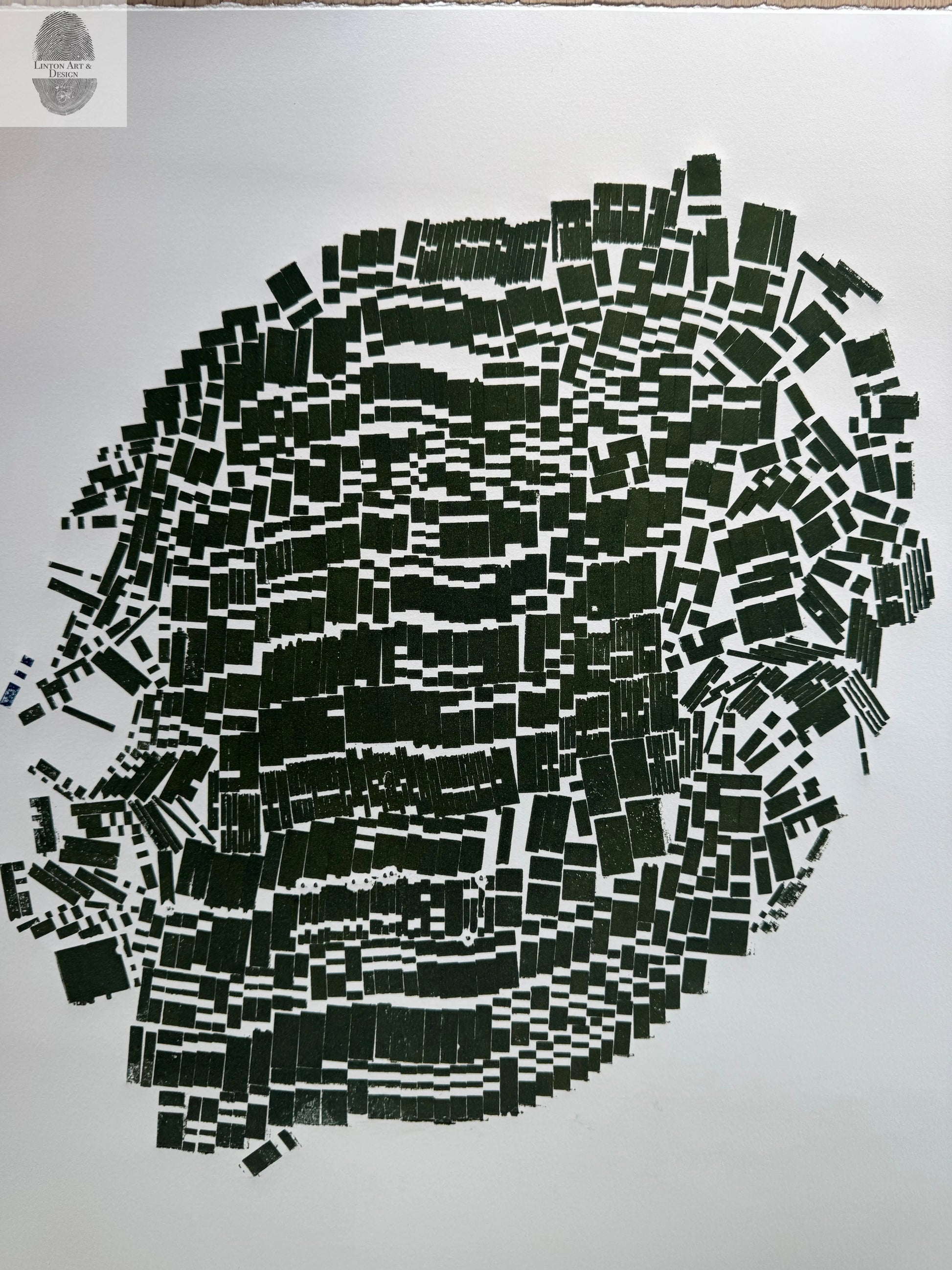 "Corralled" Abstract Green Letter Type MonoPrint 19.5x17 inches lintonart