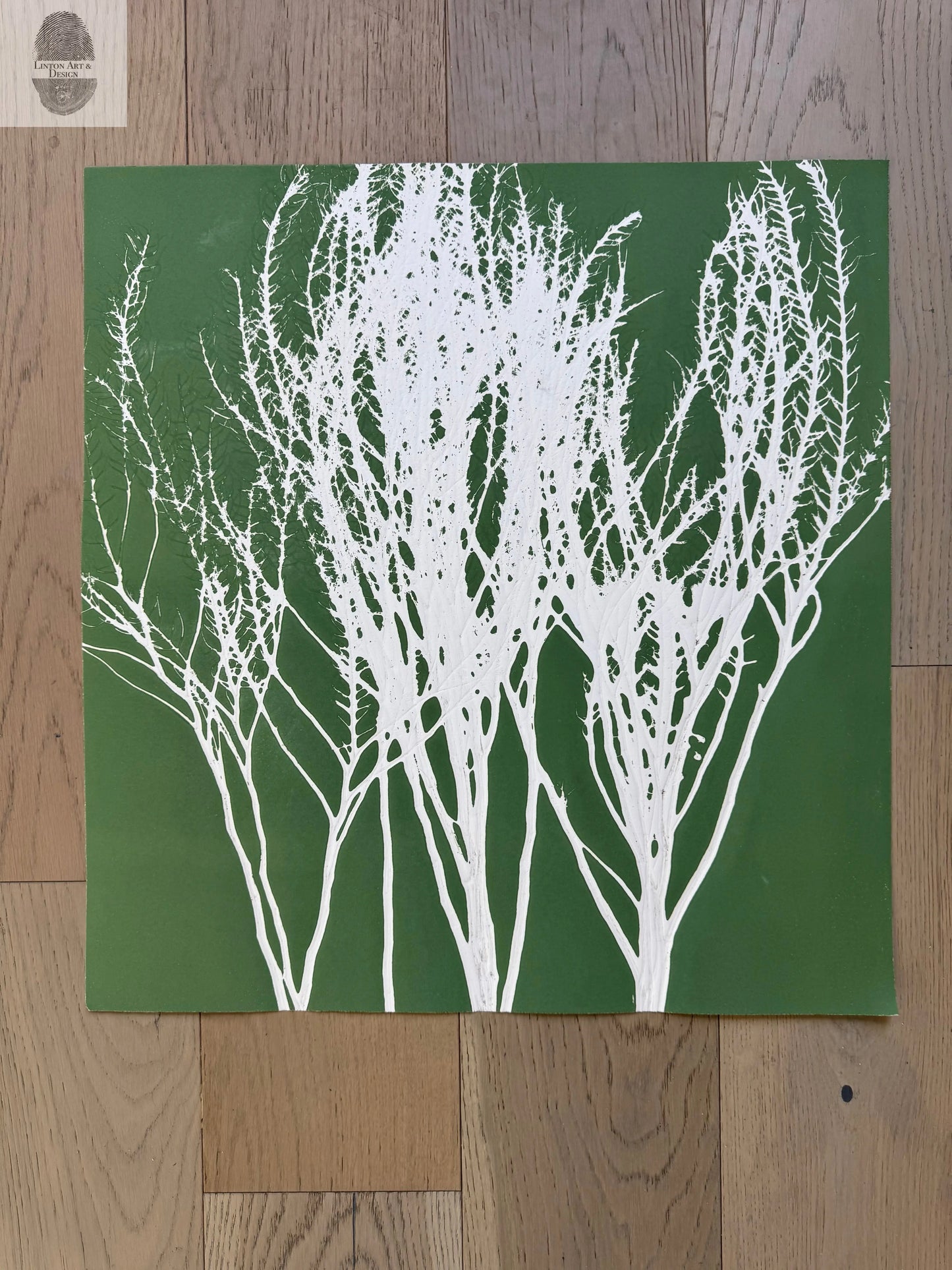 Dried Weeds Hand-Pressed Botanical Monotype on Green - Original MonoPrint 24x23 inches lintonart