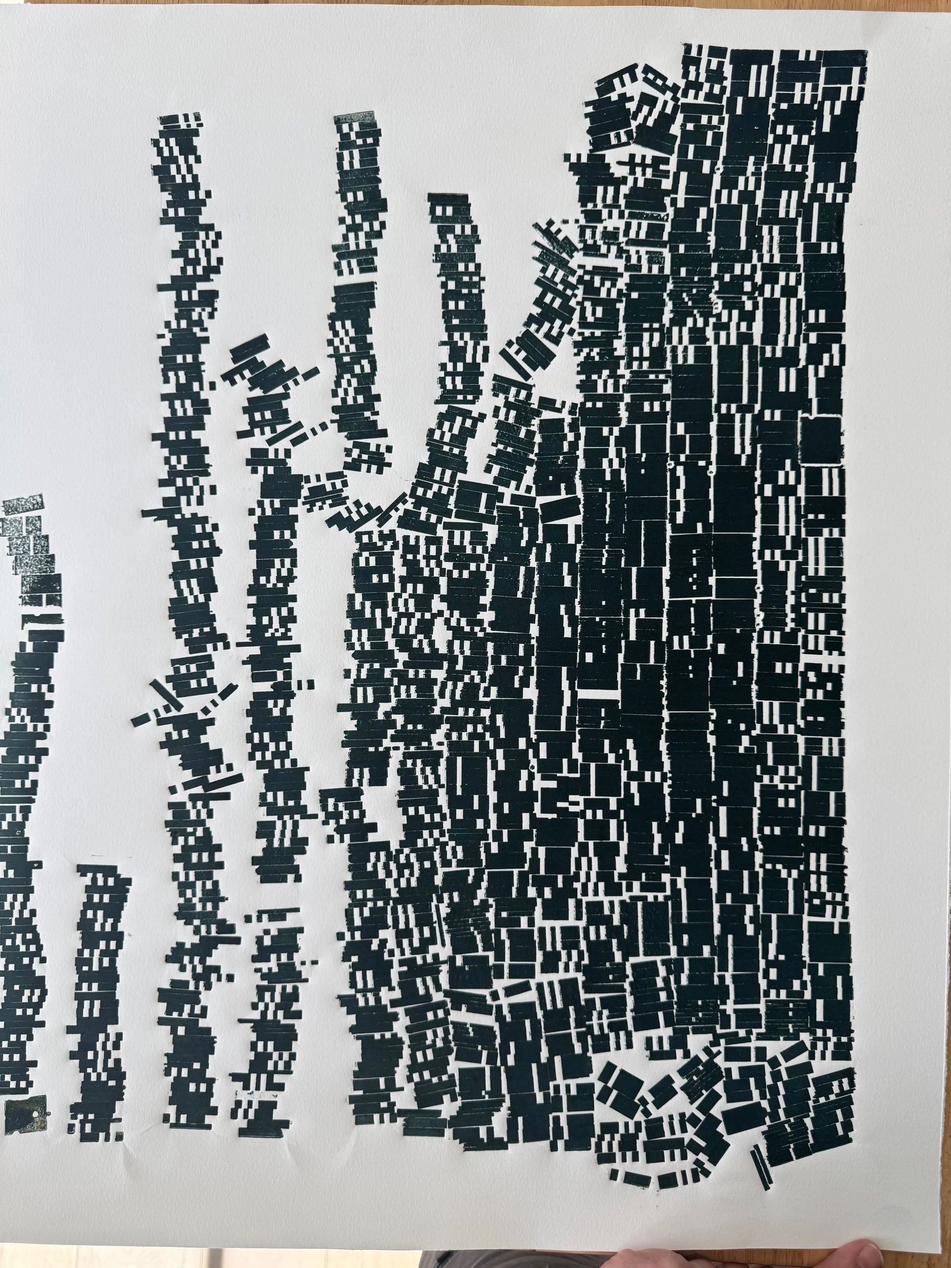 "File Your Complaint Here" Abstract Forest Green Letter Type, Monotype, 24.5x25 Inches lintonart