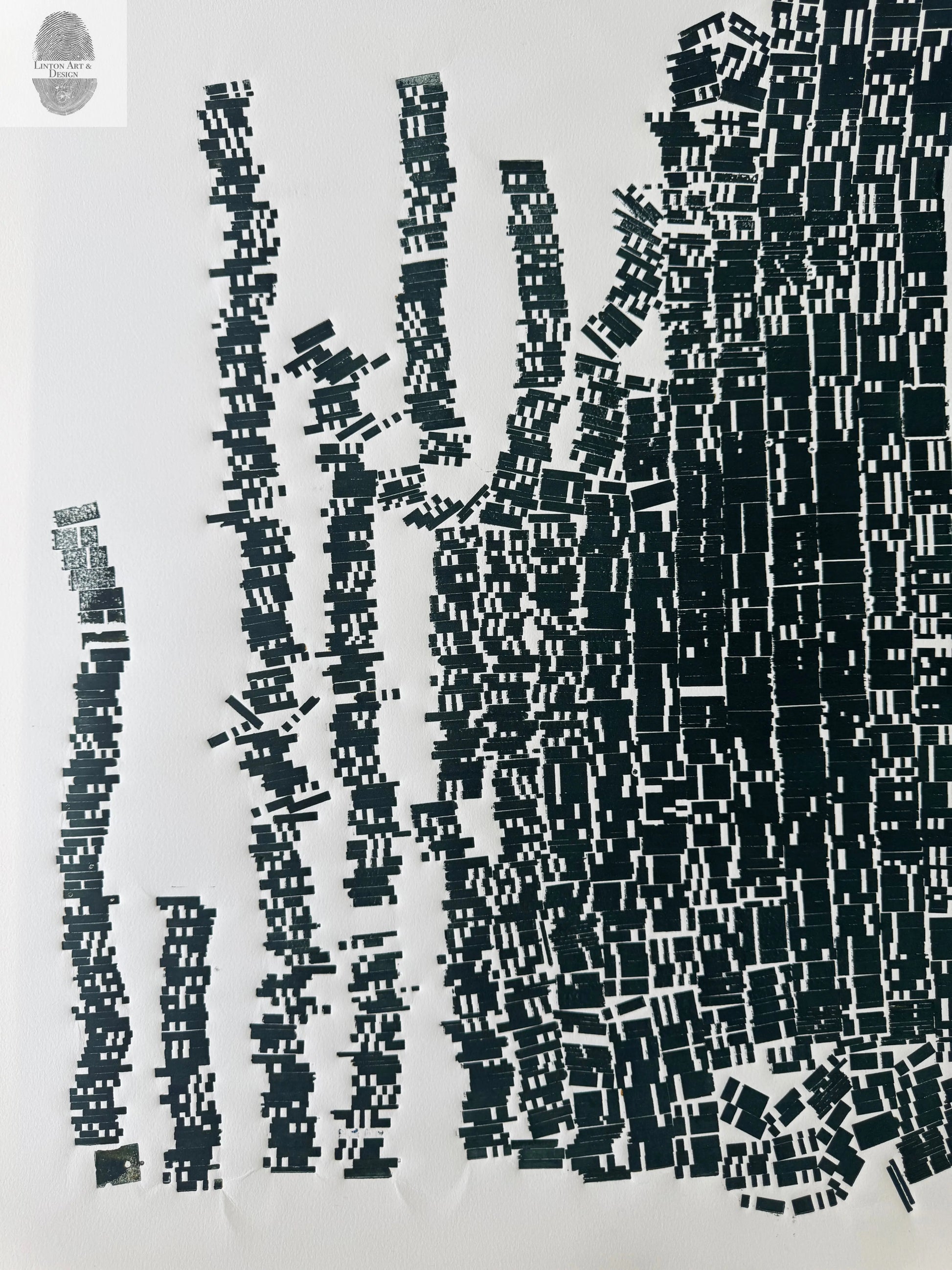 "File Your Complaint Here" Abstract Forest Green Letter Type, Monotype, 24.5x25 Inches lintonart
