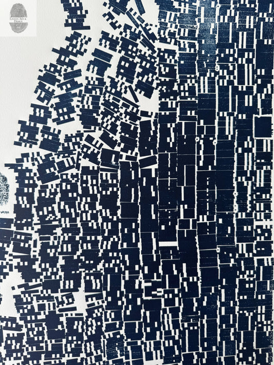 "File Your Complaint Here" Abstract Navy Blue Letter Type, Monotype, 27x26 Inches lintonart