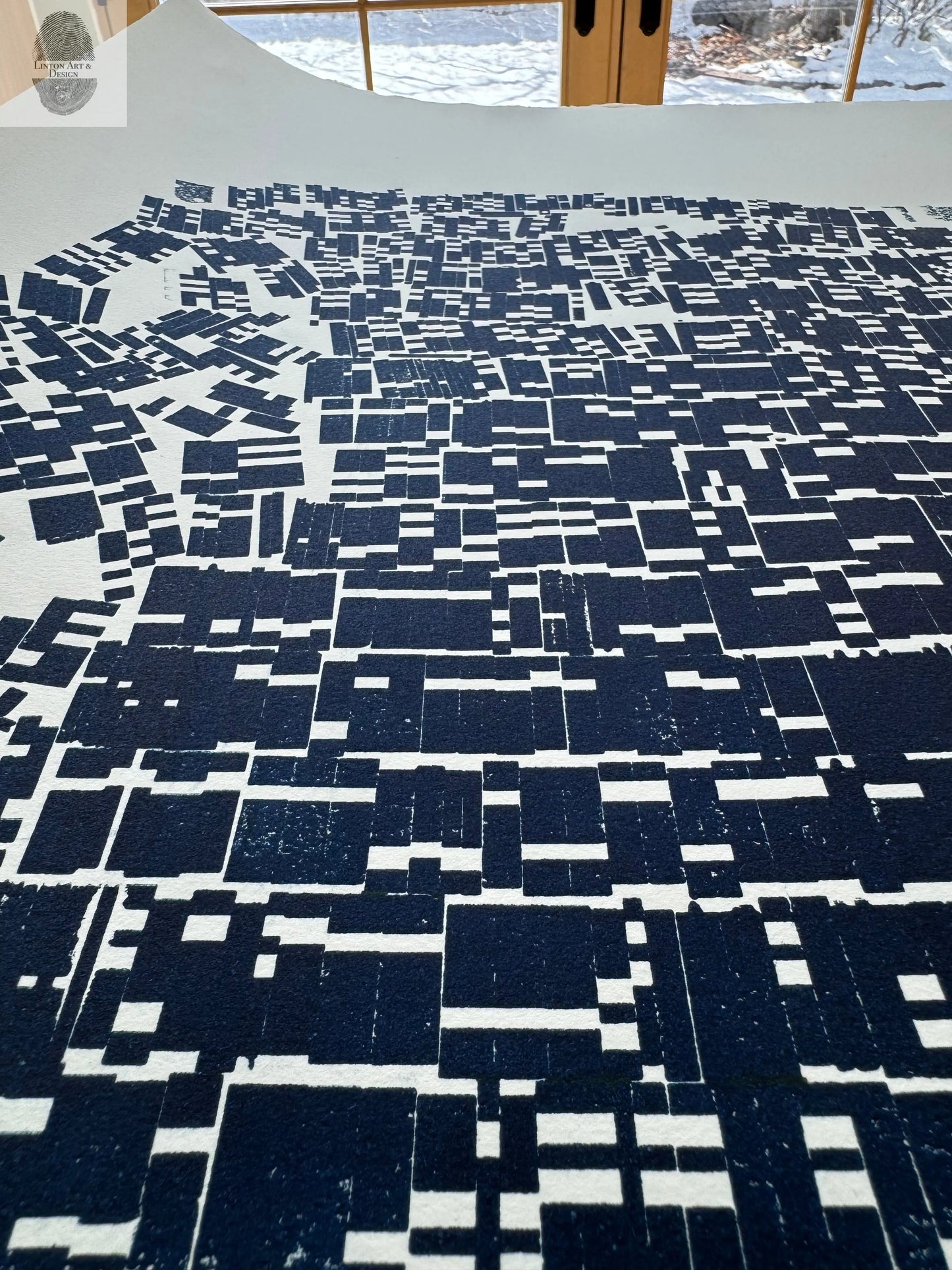 "File Your Complaint Here" Abstract Navy Blue Letter Type, Monotype, 27x26 Inches lintonart