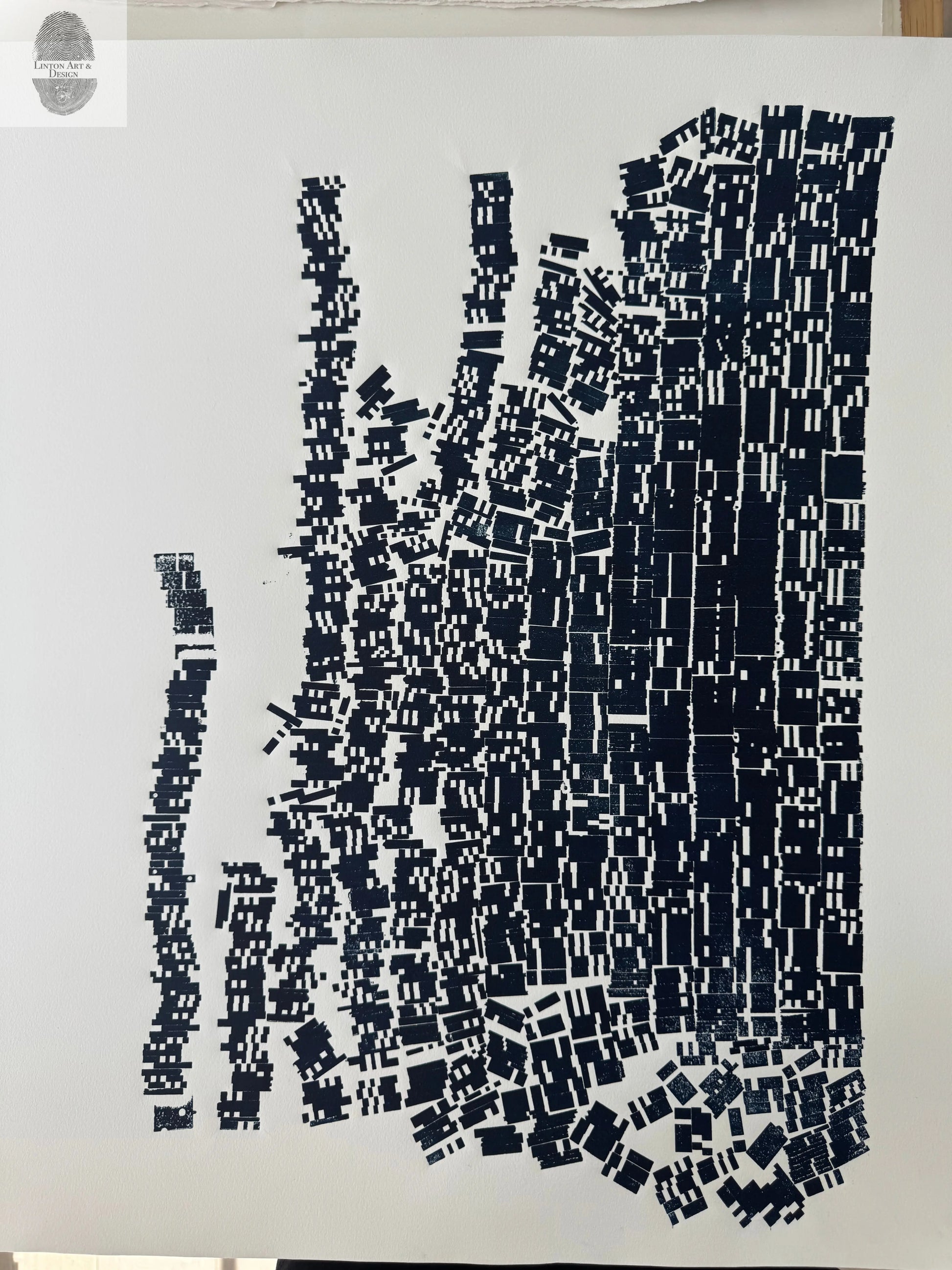 "File Your Complaint Here" Abstract Navy Blue Letter Type, Monotype, 27x26 Inches lintonart