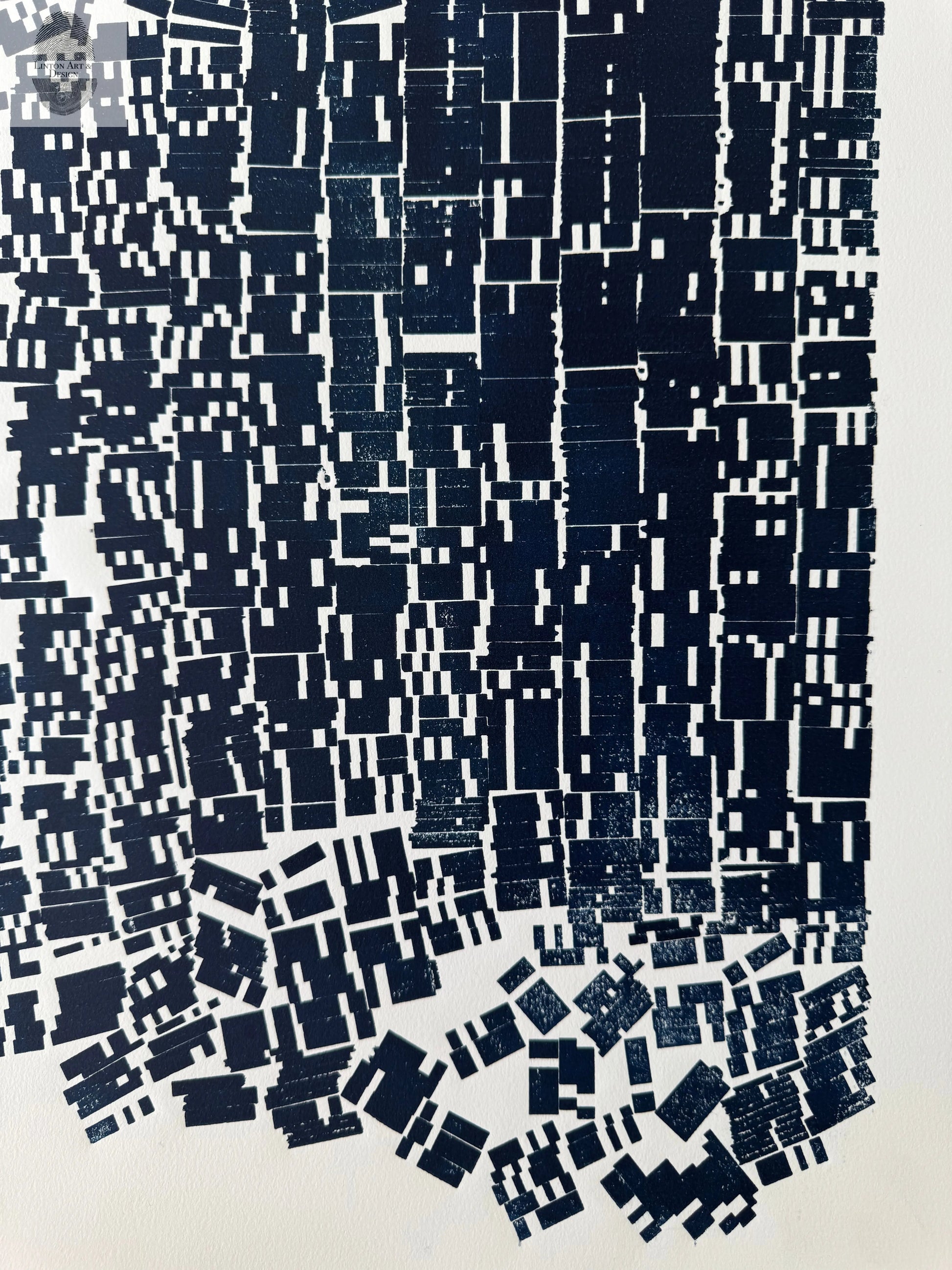 "File Your Complaint Here" Abstract Navy Blue Letter Type, Monotype, 27x26 Inches lintonart