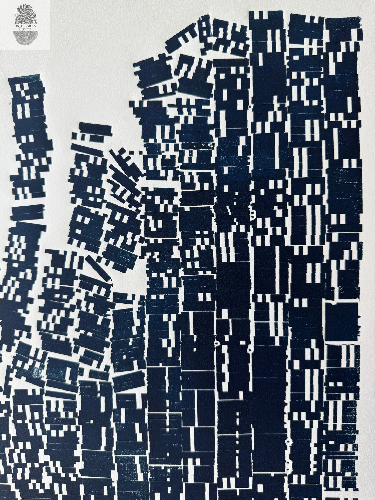 "File Your Complaint Here" Abstract Navy Blue Letter Type, Monotype, 27x26 Inches lintonart