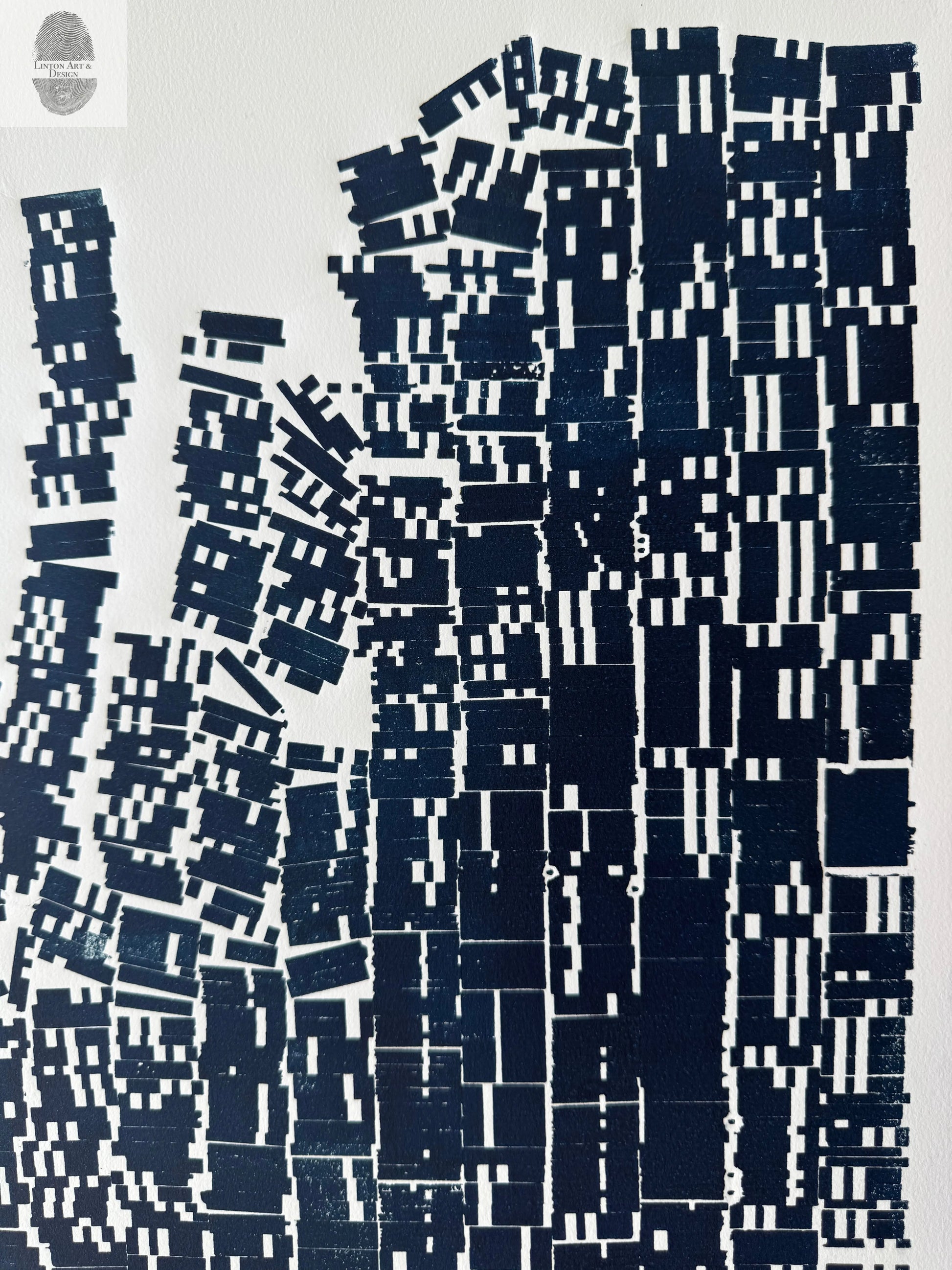 "File Your Complaint Here" Abstract Navy Blue Letter Type, Monotype, 27x26 Inches lintonart