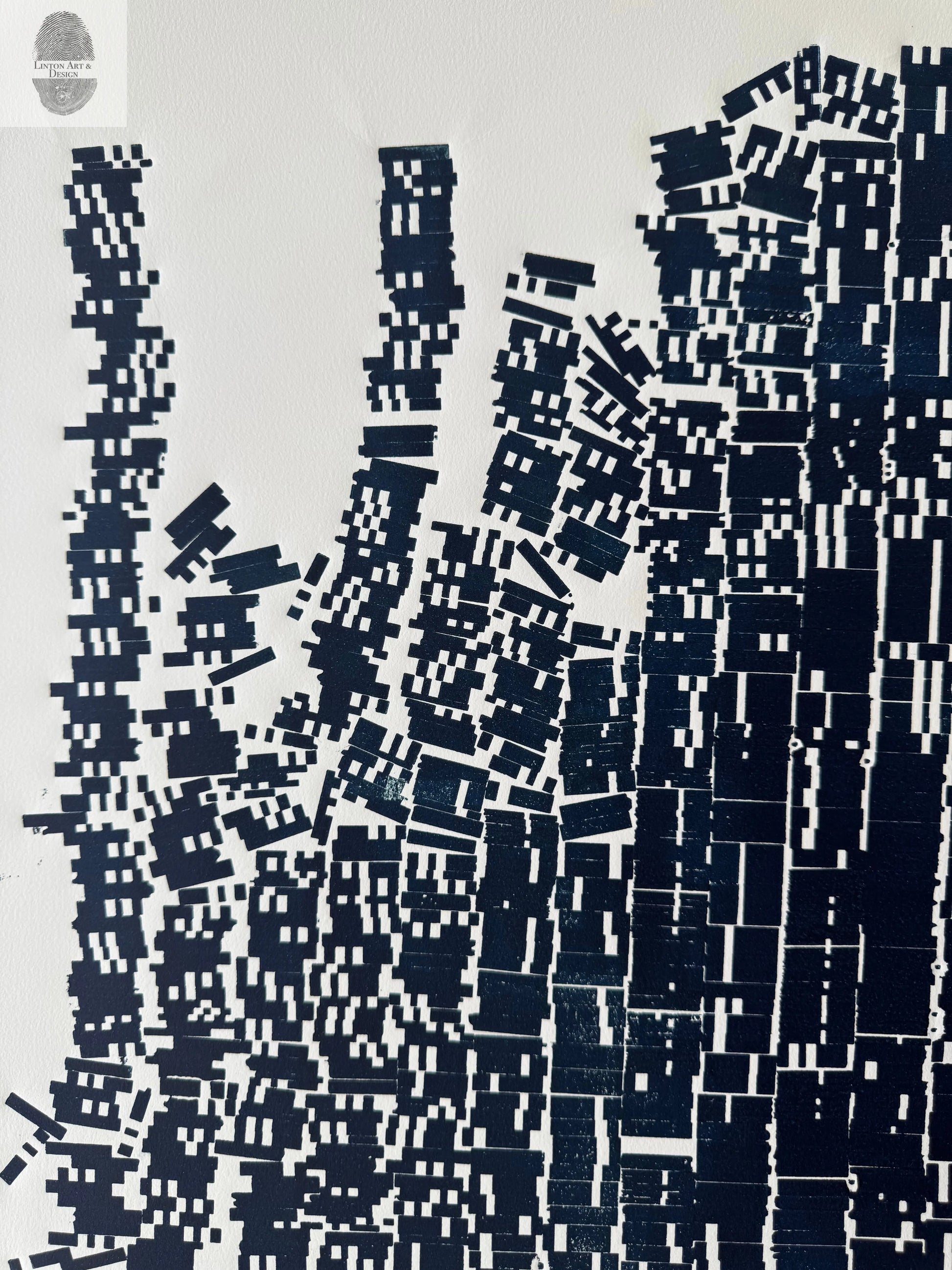 "File Your Complaint Here" Abstract Navy Blue Letter Type, Monotype, 27x26 Inches lintonart