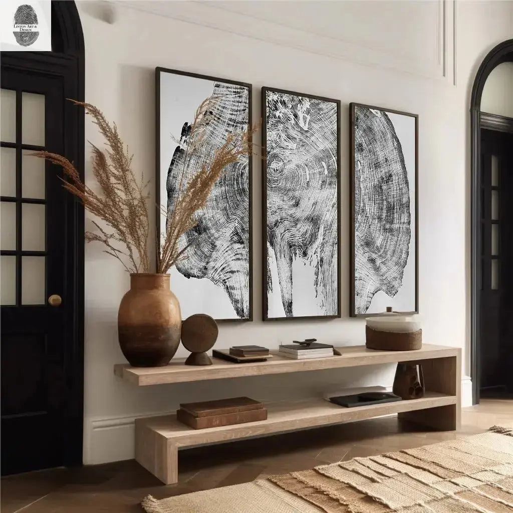 Giant Redwood Set of 3, three 24x52", Tree ring art print, Huge wall art, Woodcut print lintonart