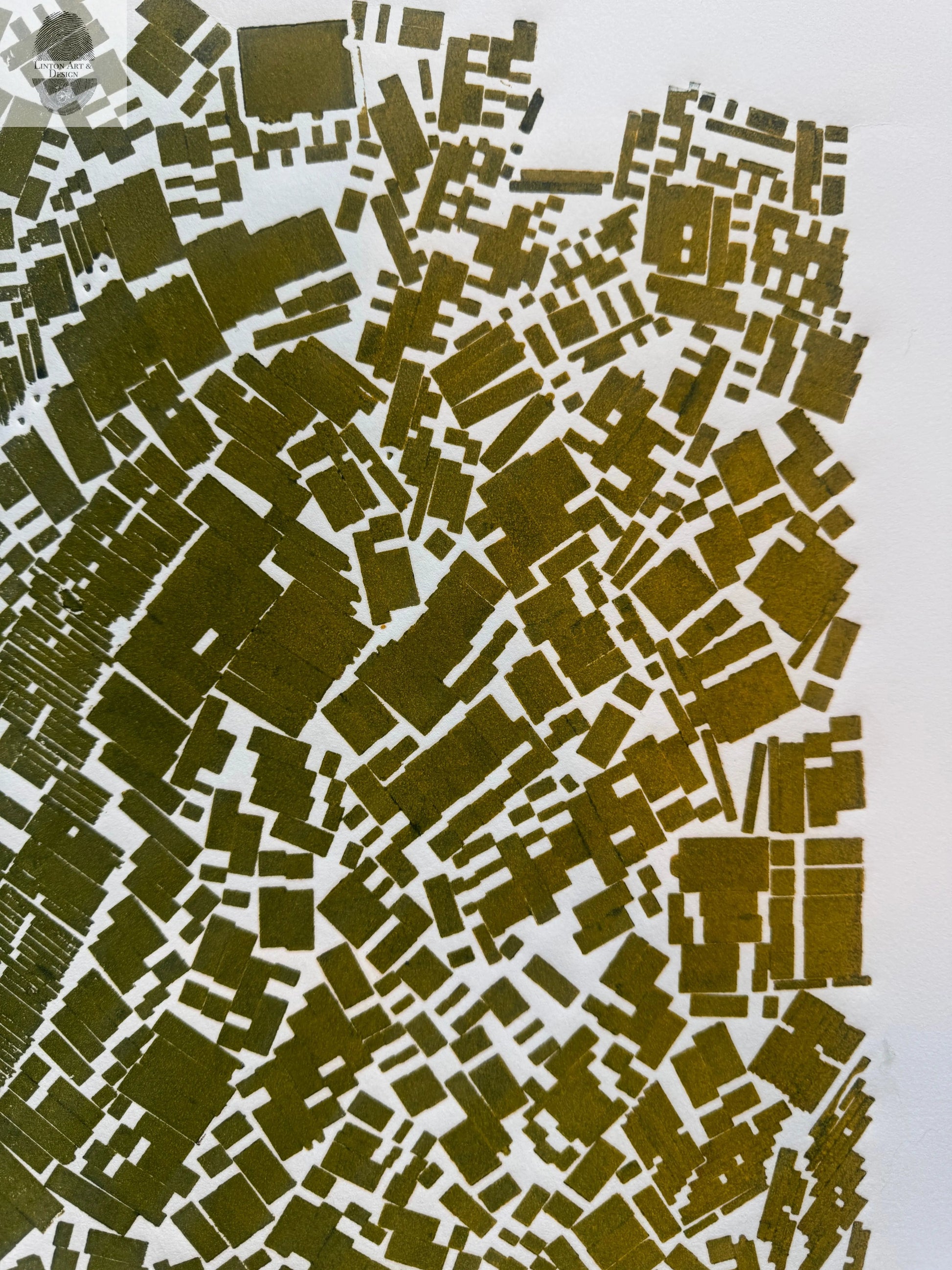 "Holding Pattern" Abstract Green Letter Type MonoPrint 18.75x21 inches lintonart