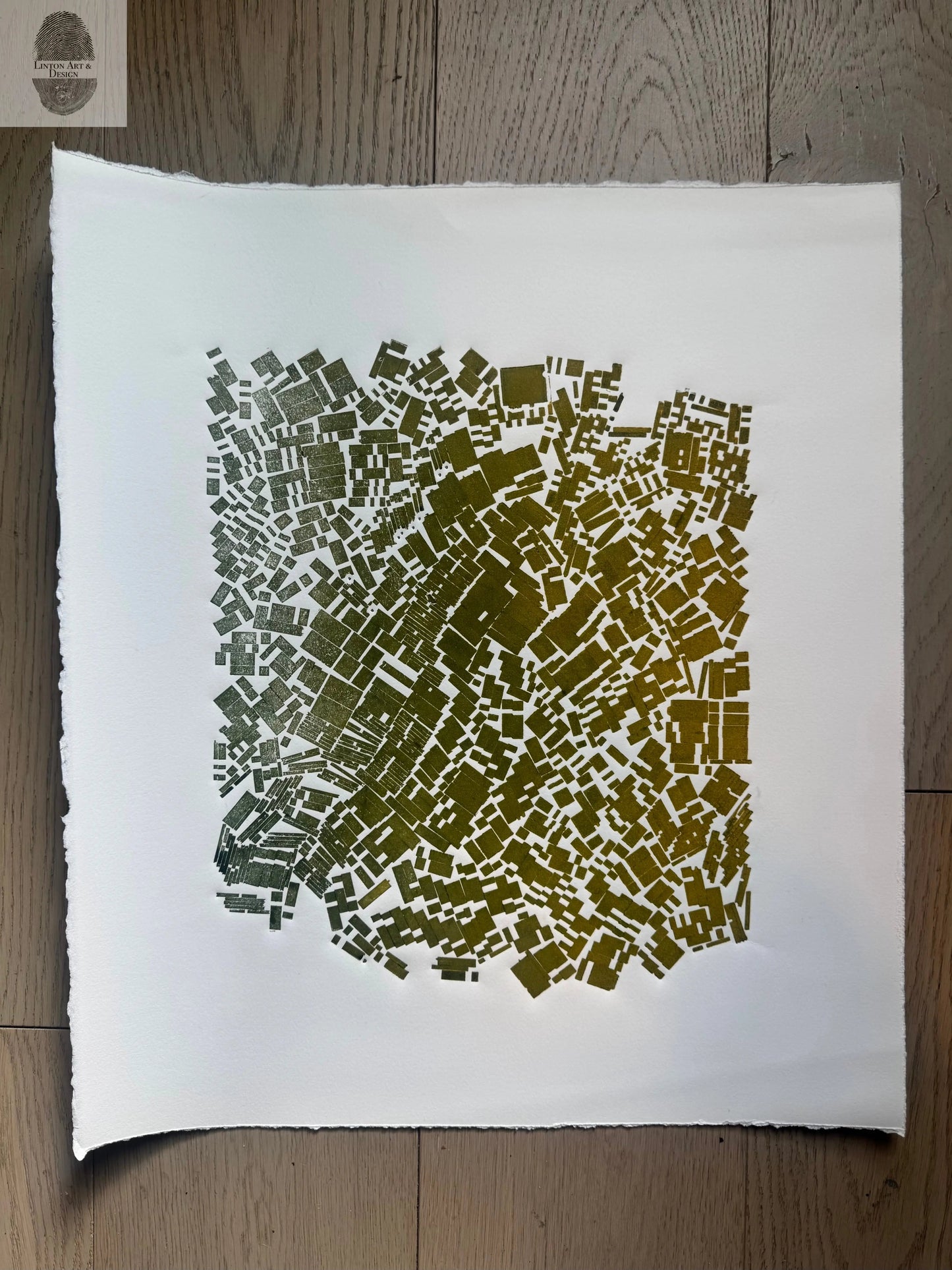 "Holding Pattern" Abstract Green Letter Type MonoPrint 18.75x21 inches lintonart