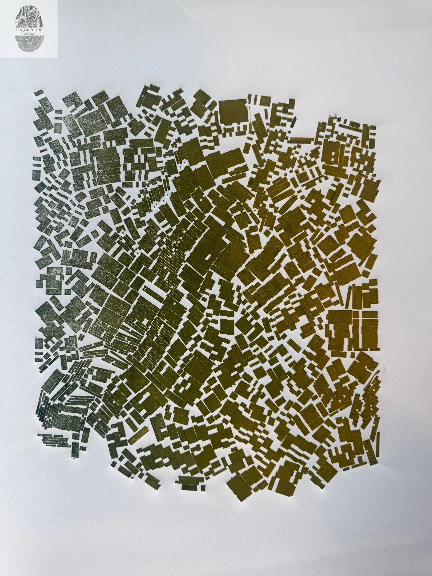 "Holding Pattern" Abstract Green Letter Type MonoPrint 18.75x21 inches lintonart