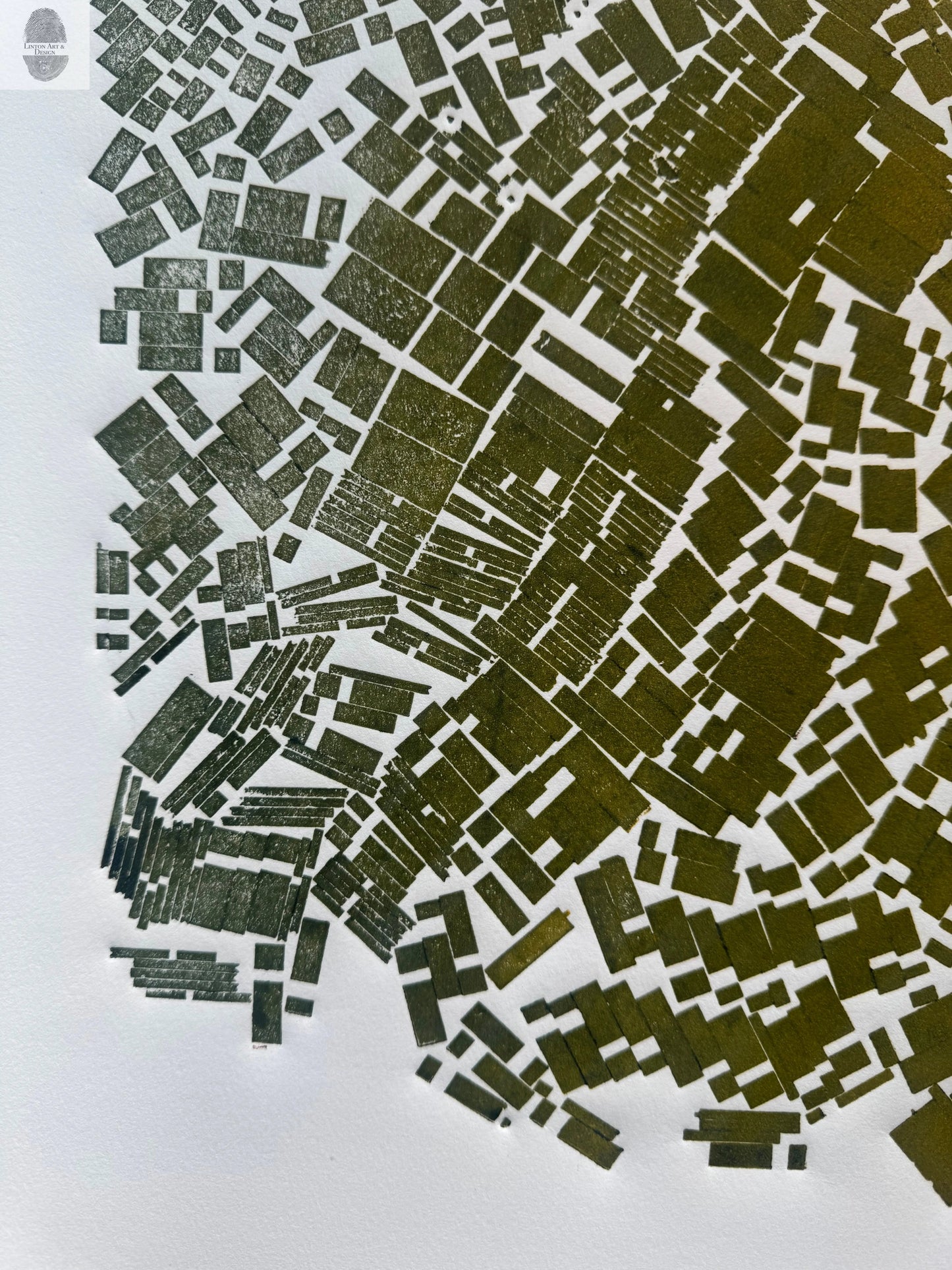 "Holding Pattern" Abstract Green Letter Type MonoPrint 18.75x21 inches lintonart